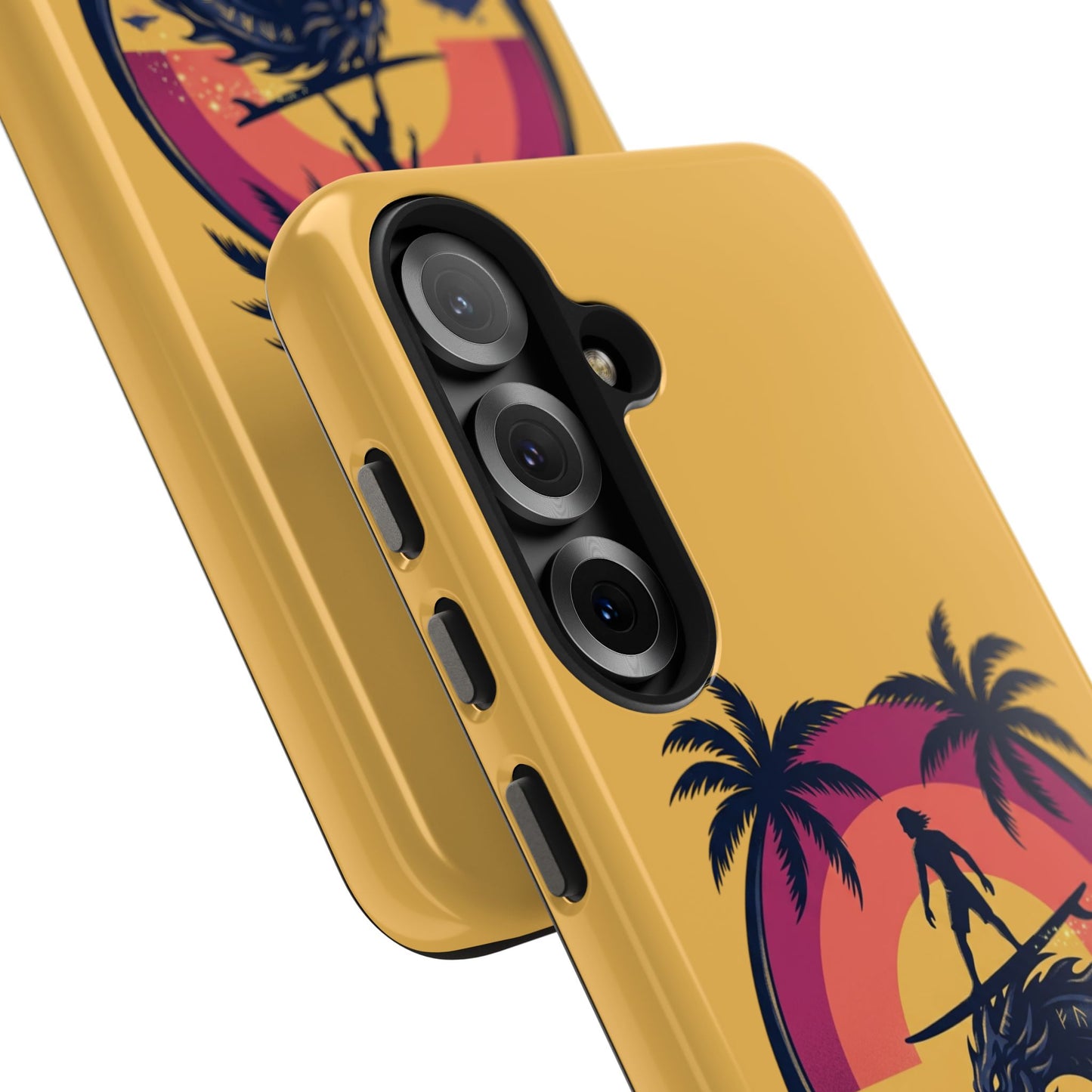 Surfing Dragon Phone Case — Silhouette Surfer with Palms & “Summer Vibes”