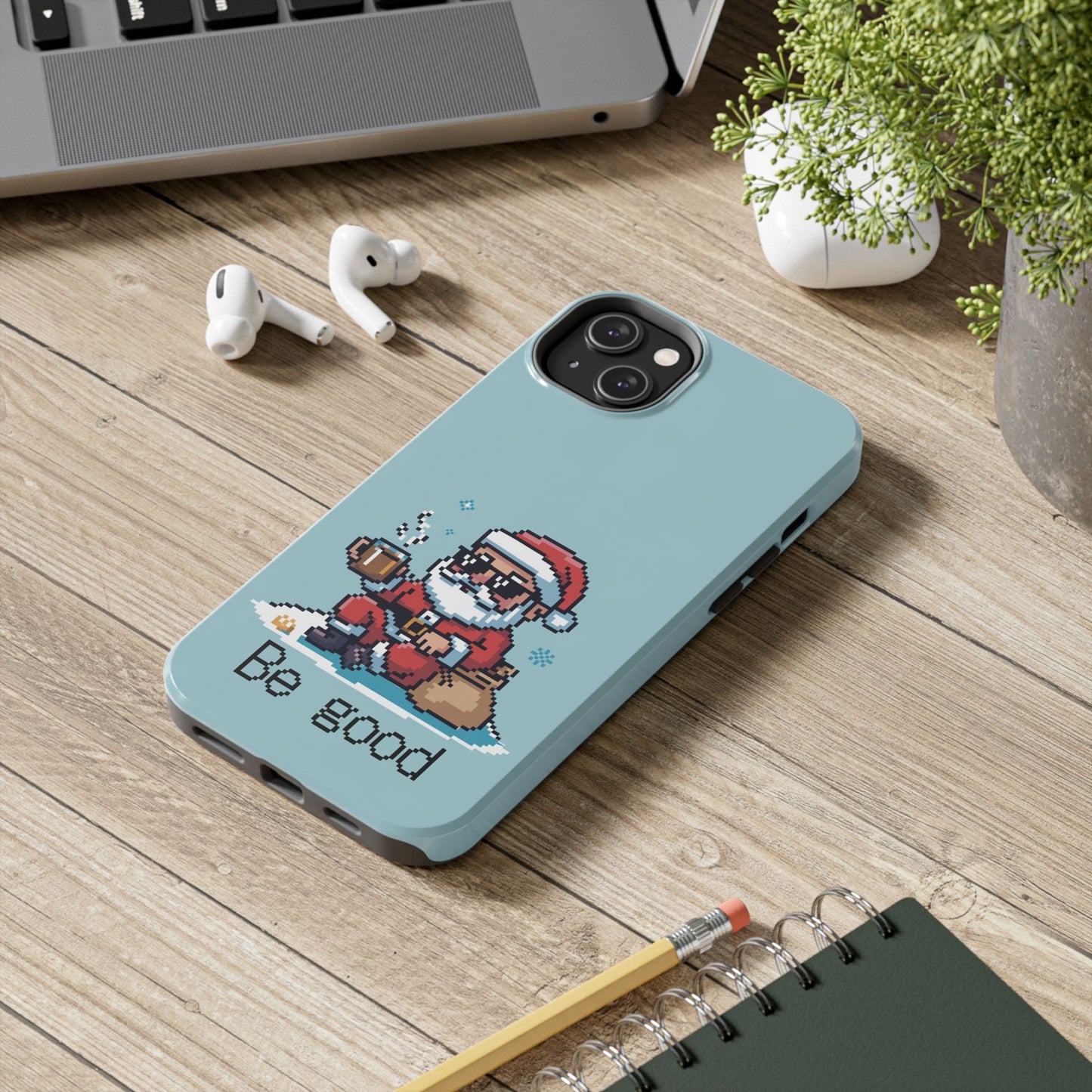Pixel Art Santa Claus iPhone Case - Festive Tough Case with 'Be Good' Design
