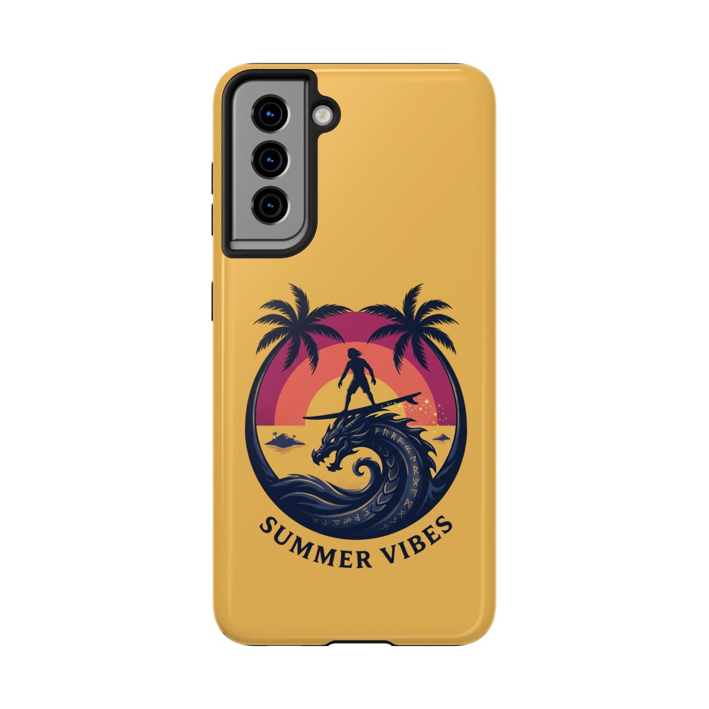 Surfing Dragon Phone Case — Silhouette Surfer with Palms & “Summer Vibes”