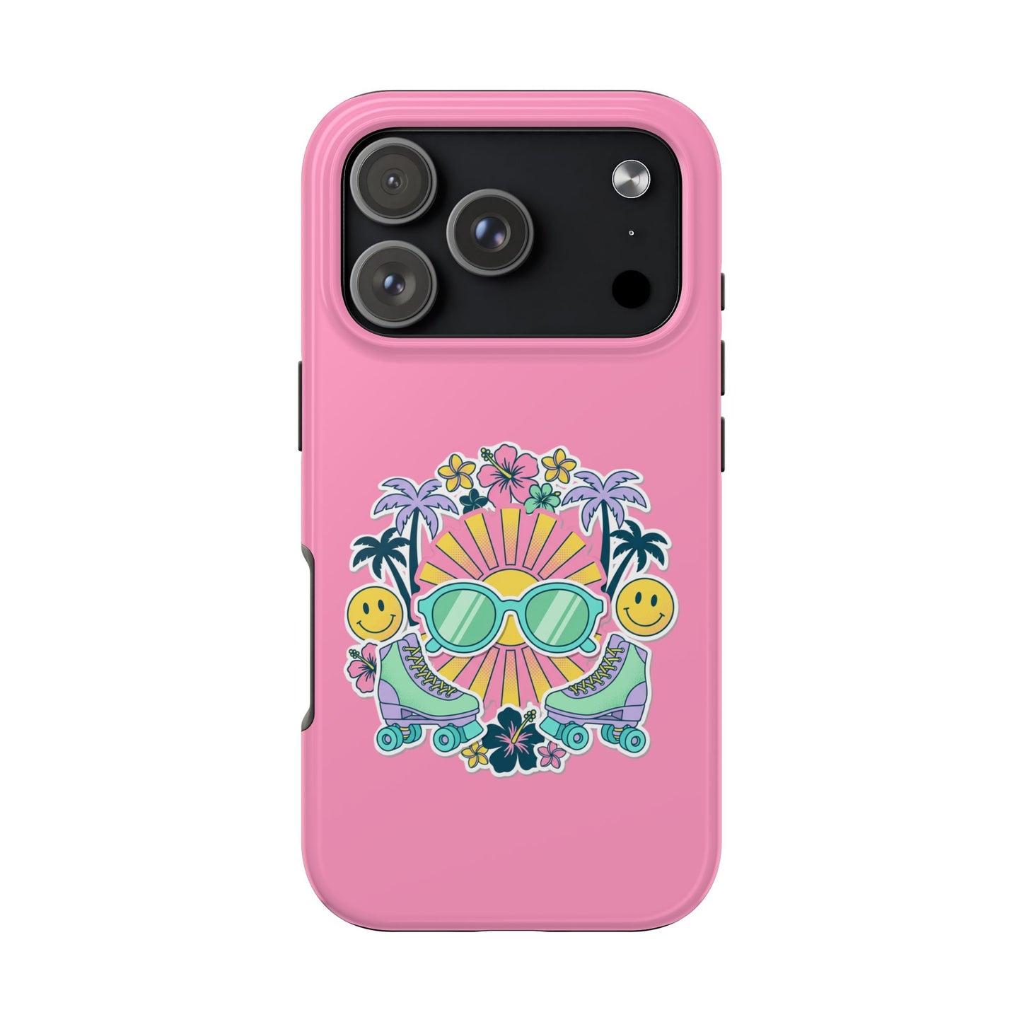 Retro Summer Phone Case — Y2K Palm Trees, Roller Skates & Smiley Collage