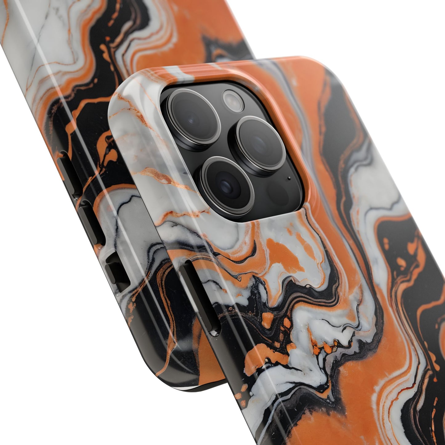 Stylish Tough Phone Case - Elegant Black, White & Orange Marble Design - for iPhone