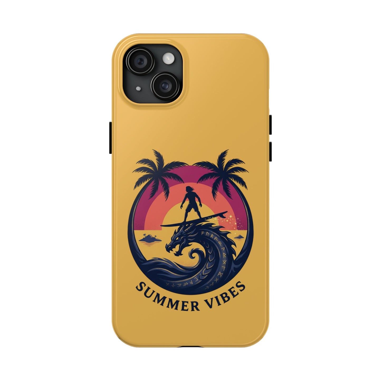 Surfing Dragon Phone Case — Silhouette Surfer with Palms & “Summer Vibes”