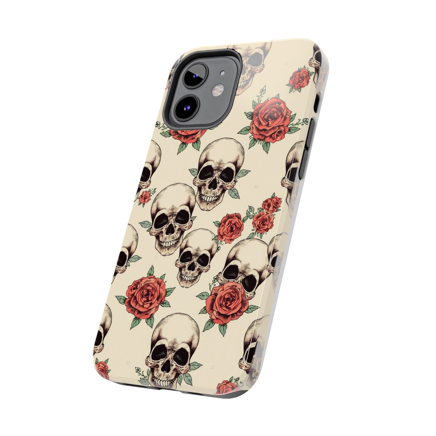 Tough Phone Case with Skull and Rose Design - Edgy Floral iPhone Protection
