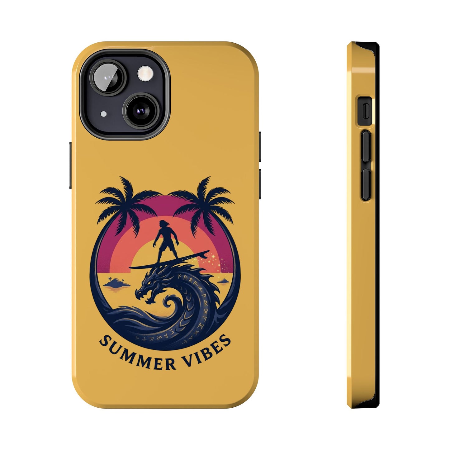 Surfing Dragon Phone Case — Silhouette Surfer with Palms & “Summer Vibes”