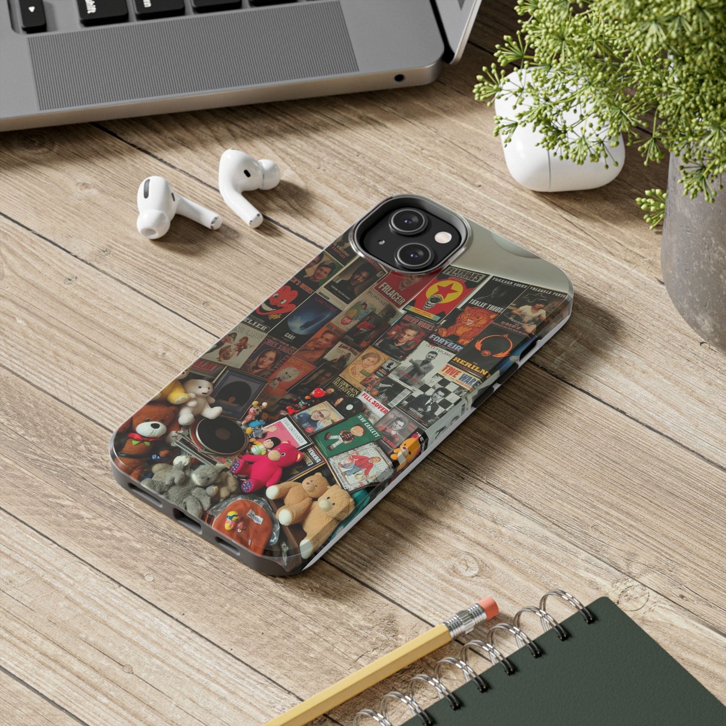Retro Vibe Tough Phone Case - Vintage Movie Posters & Plush Toys Design
