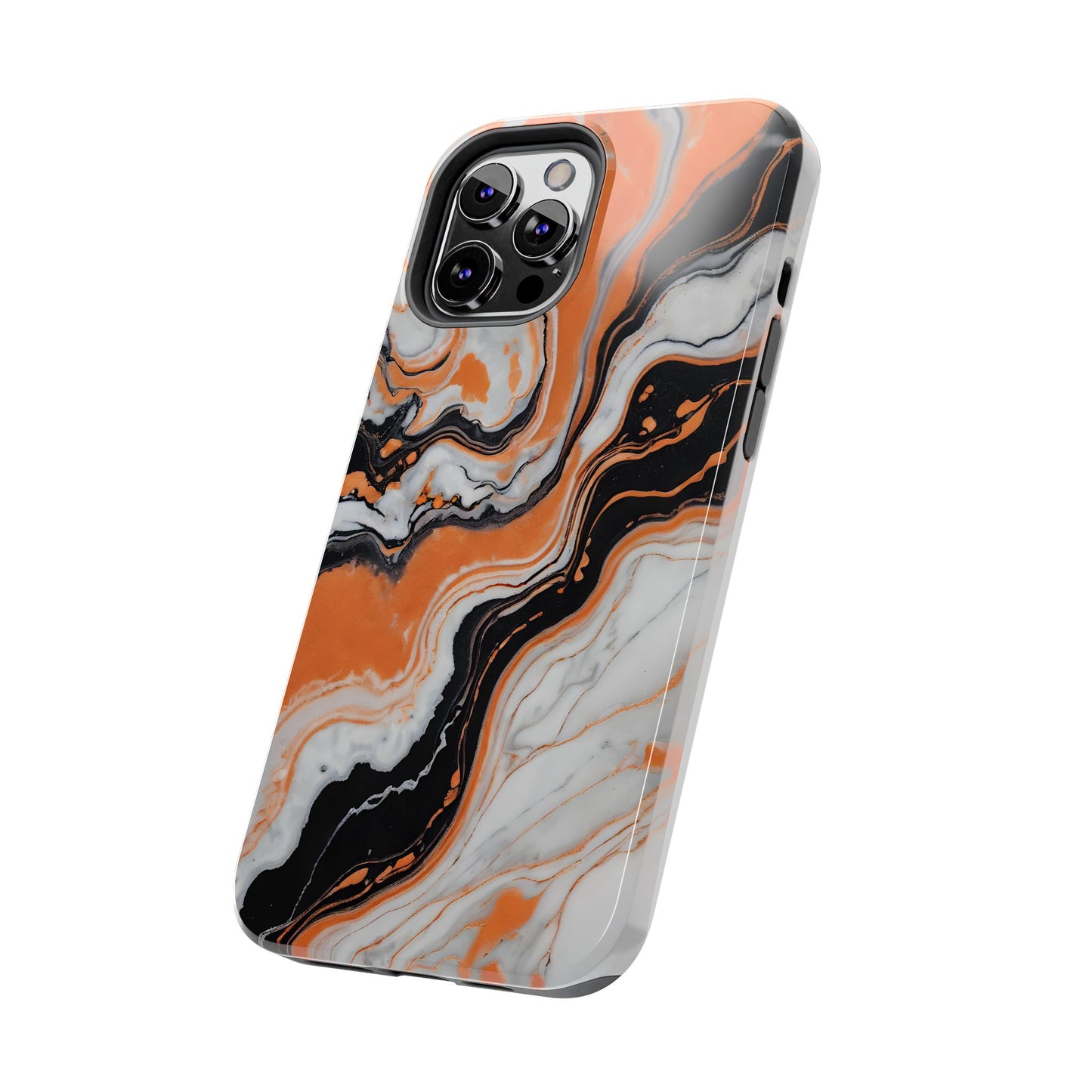 Stylish Tough Phone Case - Elegant Black, White & Orange Marble Design - for iPhone