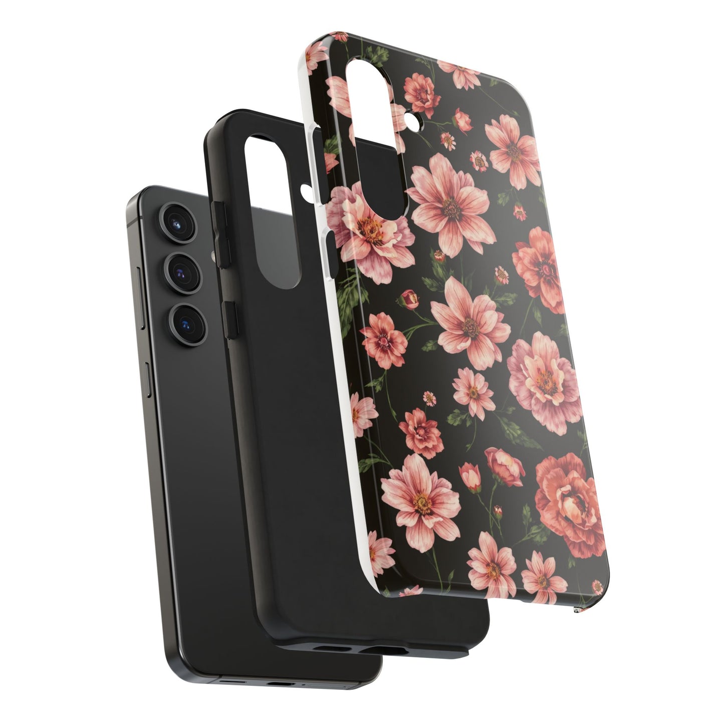 Floral Tough Phone Case - Durable Protection with Elegant Pink Flowers on Black Design - for iPhone