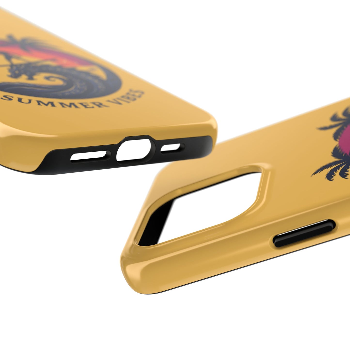 Surfing Dragon Phone Case — Silhouette Surfer with Palms & “Summer Vibes”