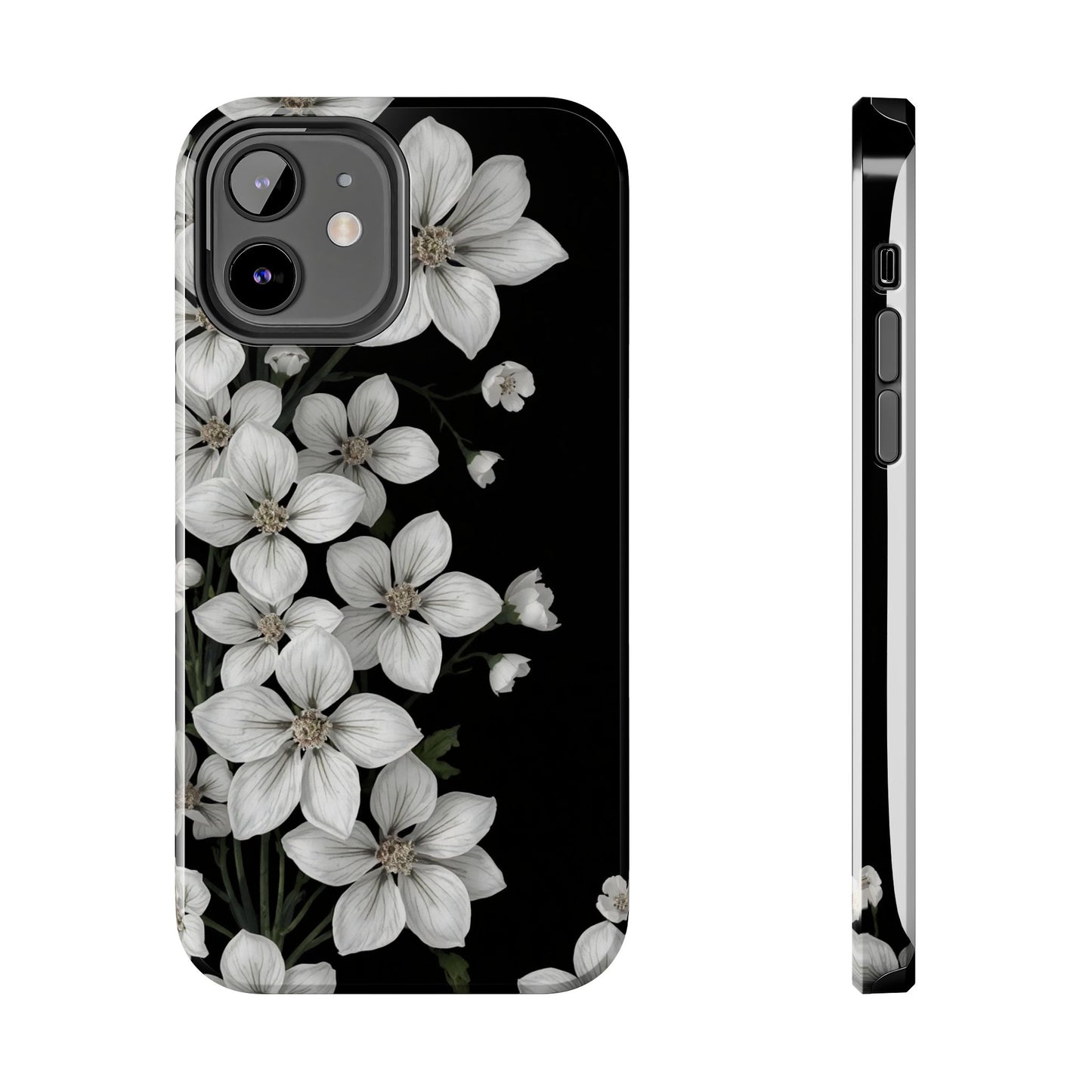 Floral Tough Phone Case - Pure Elegant White Petals on Black Background - for iPhone