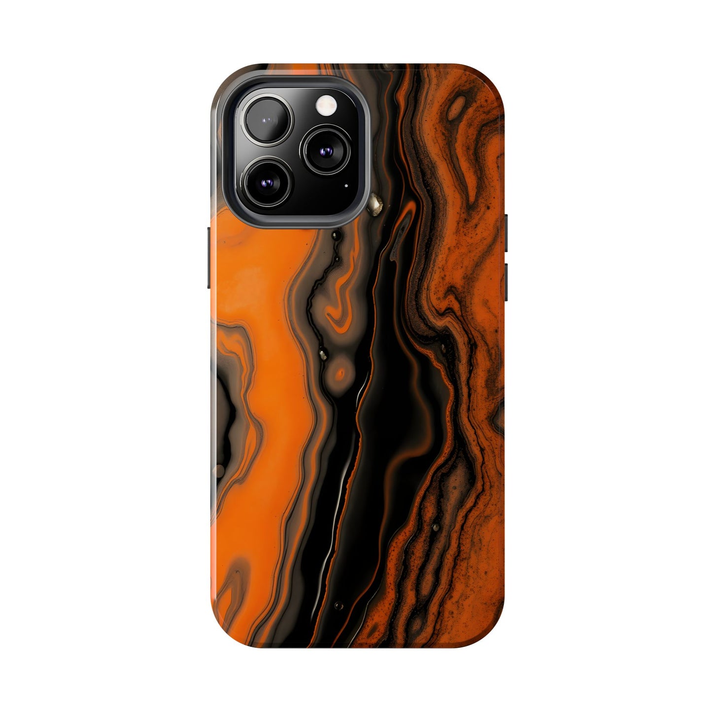 Stylish Tough Phone Case - Bold Black and Orange Metallic Lava Flow Design - for iPhone