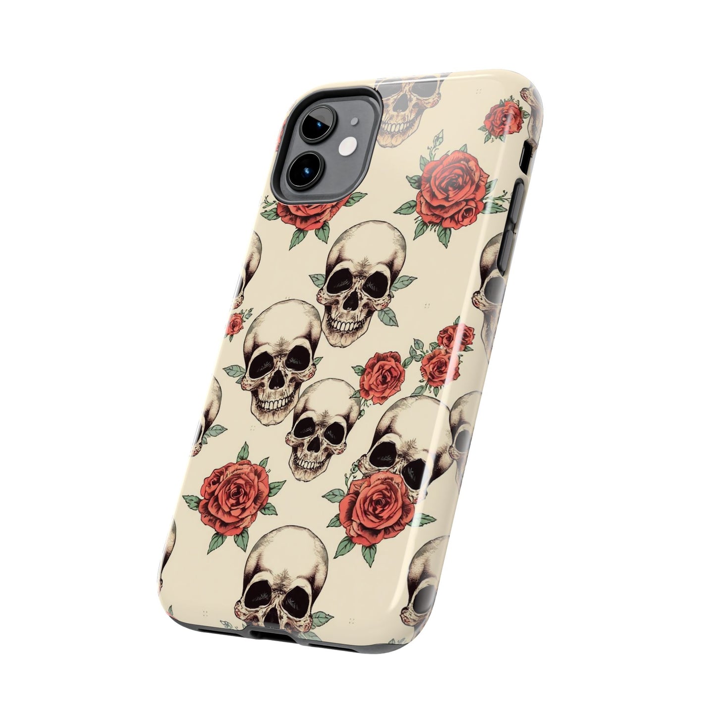 Tough Phone Case with Skull and Rose Design - Edgy Floral iPhone Protection