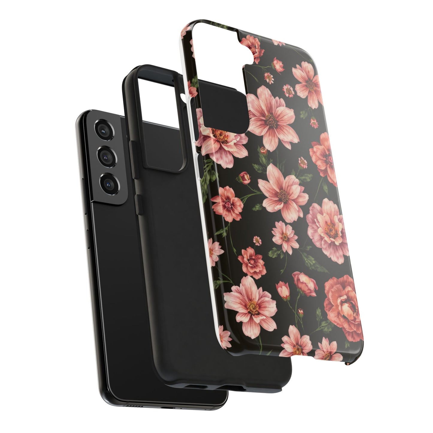 Floral Tough Phone Case - Durable Protection with Elegant Pink Flowers on Black Design - for iPhone