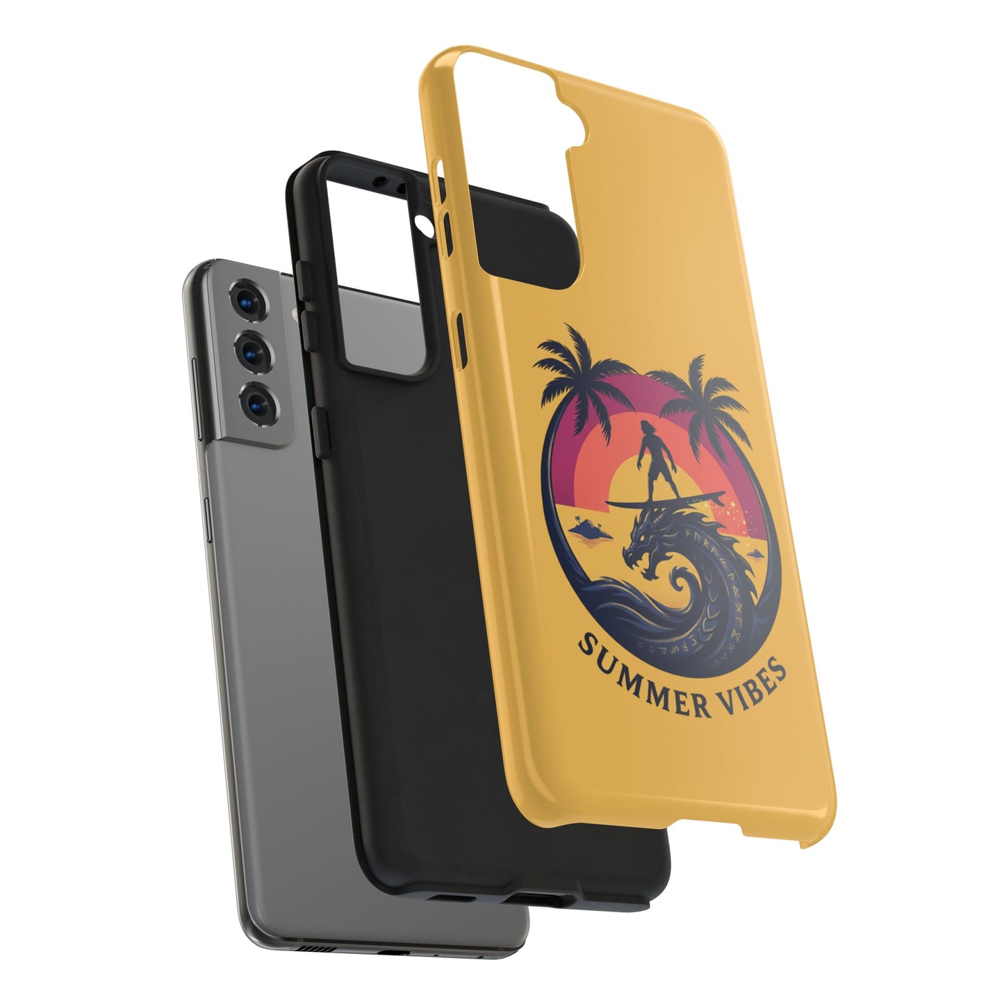 Surfing Dragon Phone Case — Silhouette Surfer with Palms & “Summer Vibes”