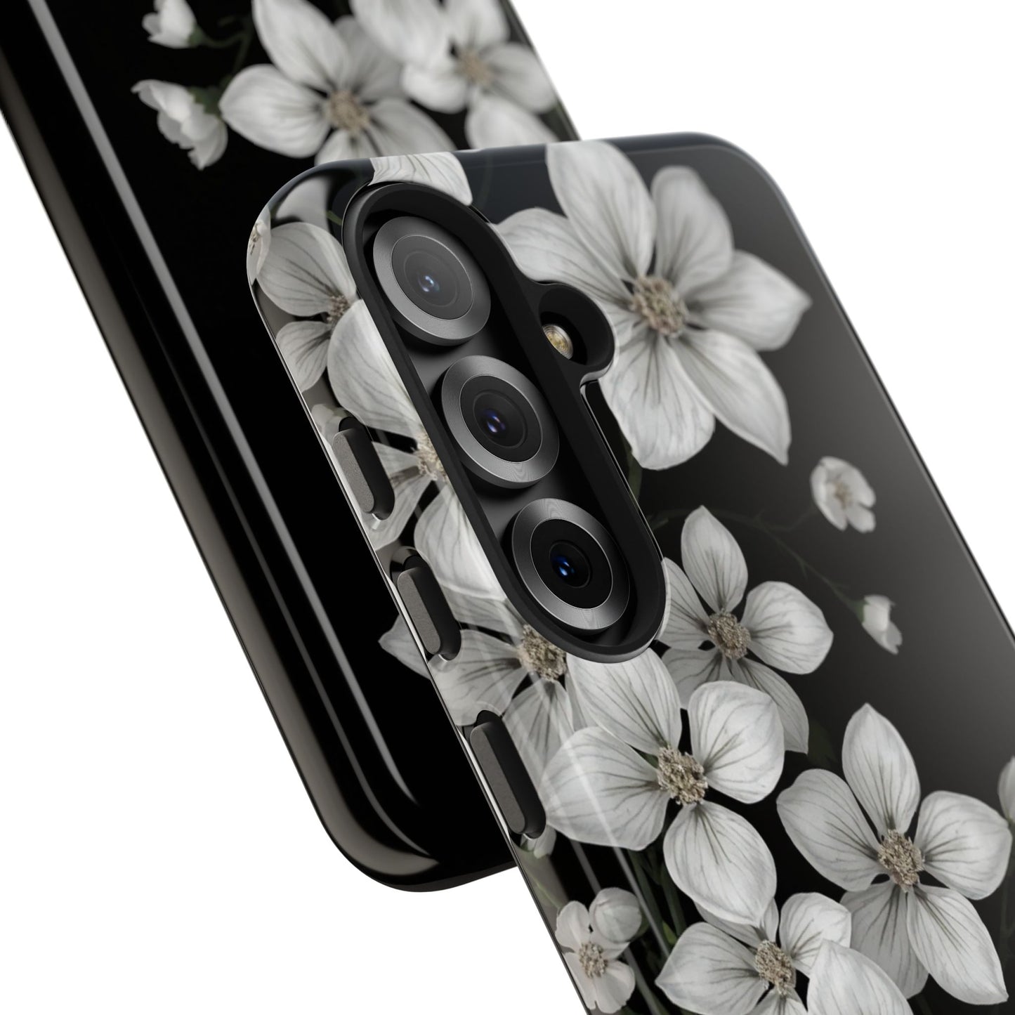 Floral Tough Phone Case - Pure Elegant White Petals on Black Background - for iPhone