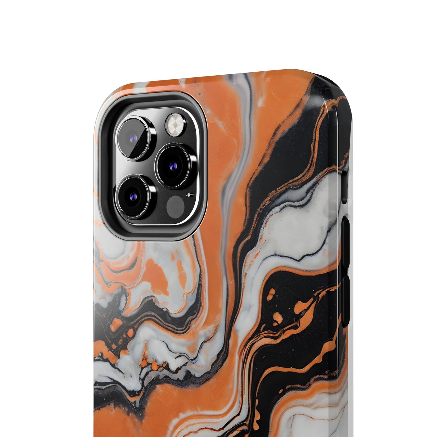 Stylish Tough Phone Case - Elegant Black, White & Orange Marble Design - for iPhone