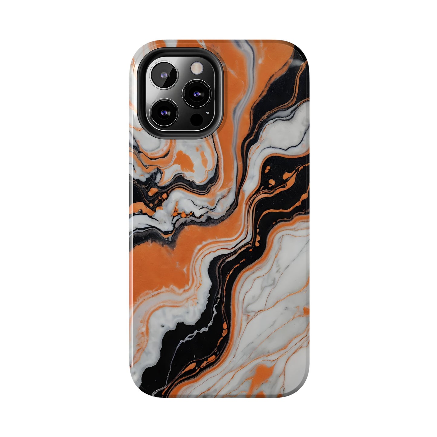 Stylish Tough Phone Case - Elegant Black, White & Orange Marble Design - for iPhone