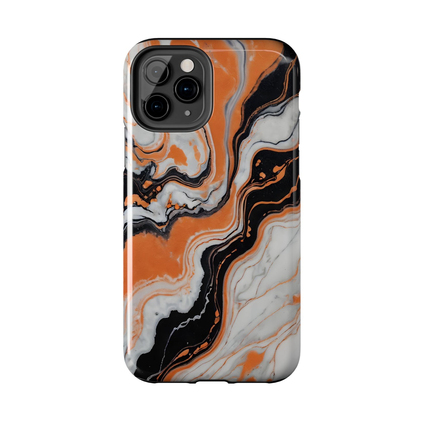 Stylish Tough Phone Case - Elegant Black, White & Orange Marble Design - for iPhone