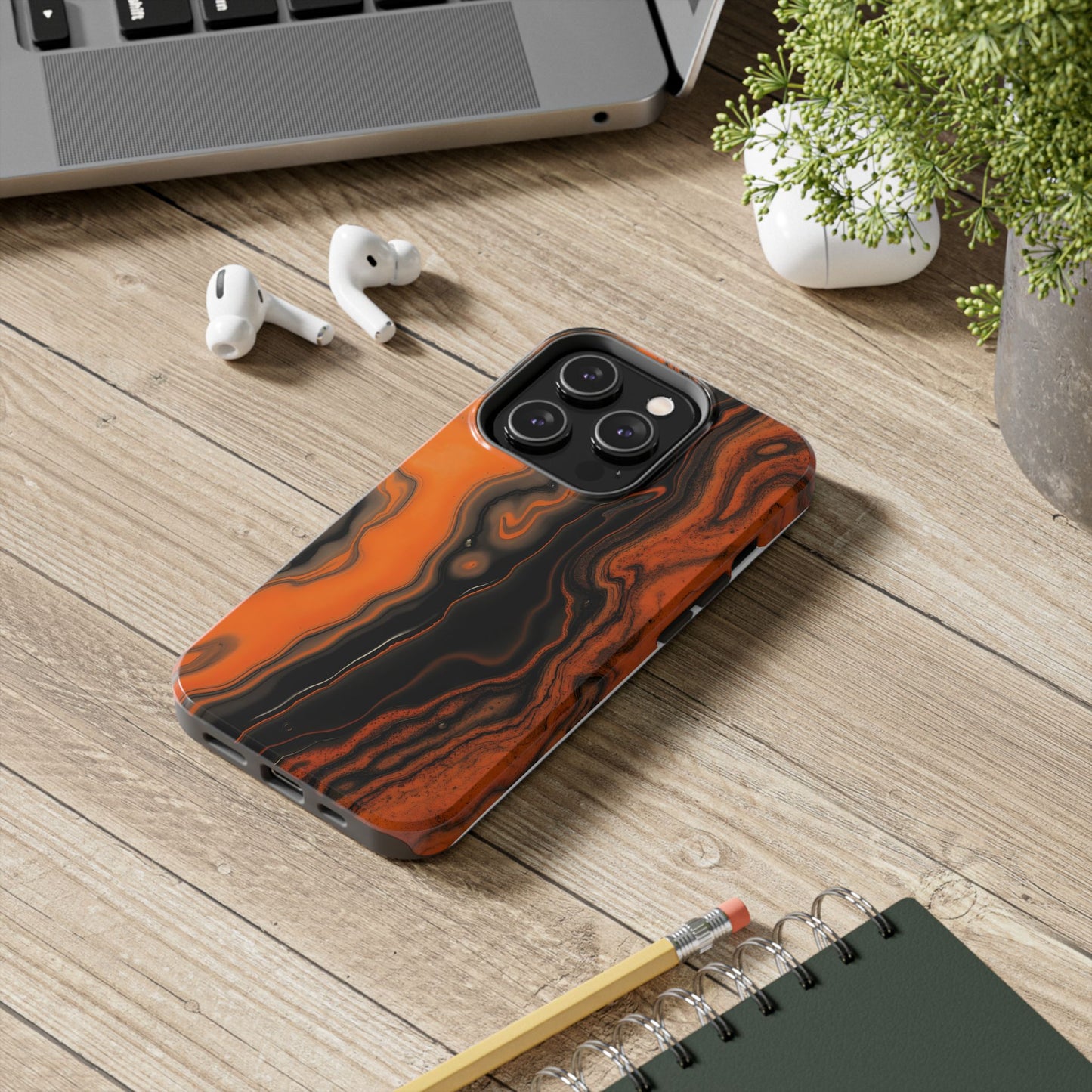 Stylish Tough Phone Case - Bold Black and Orange Metallic Lava Flow Design - for iPhone