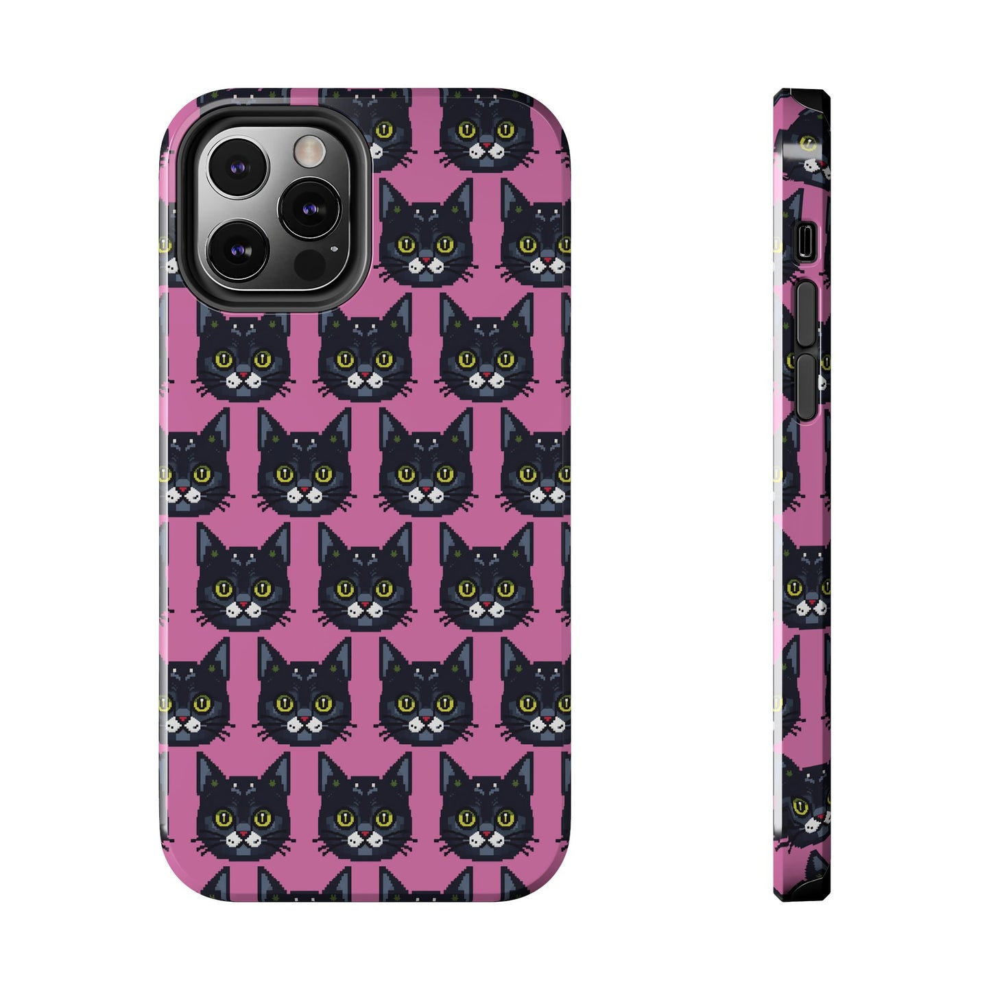 Playful Black Cat on Pink - Tough Phone Case - Pixel Cat Pattern - for iPhone