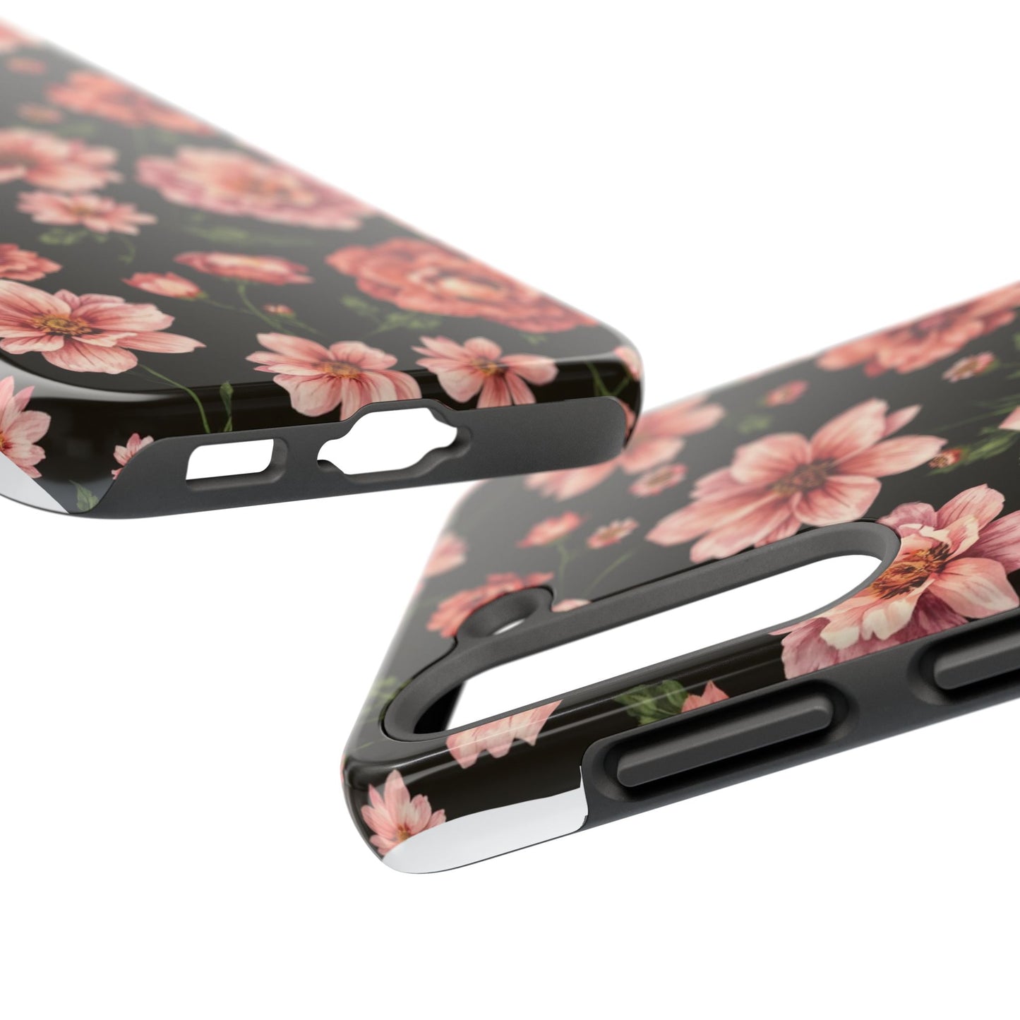 Floral Tough Phone Case - Durable Protection with Elegant Pink Flowers on Black Design - for iPhone