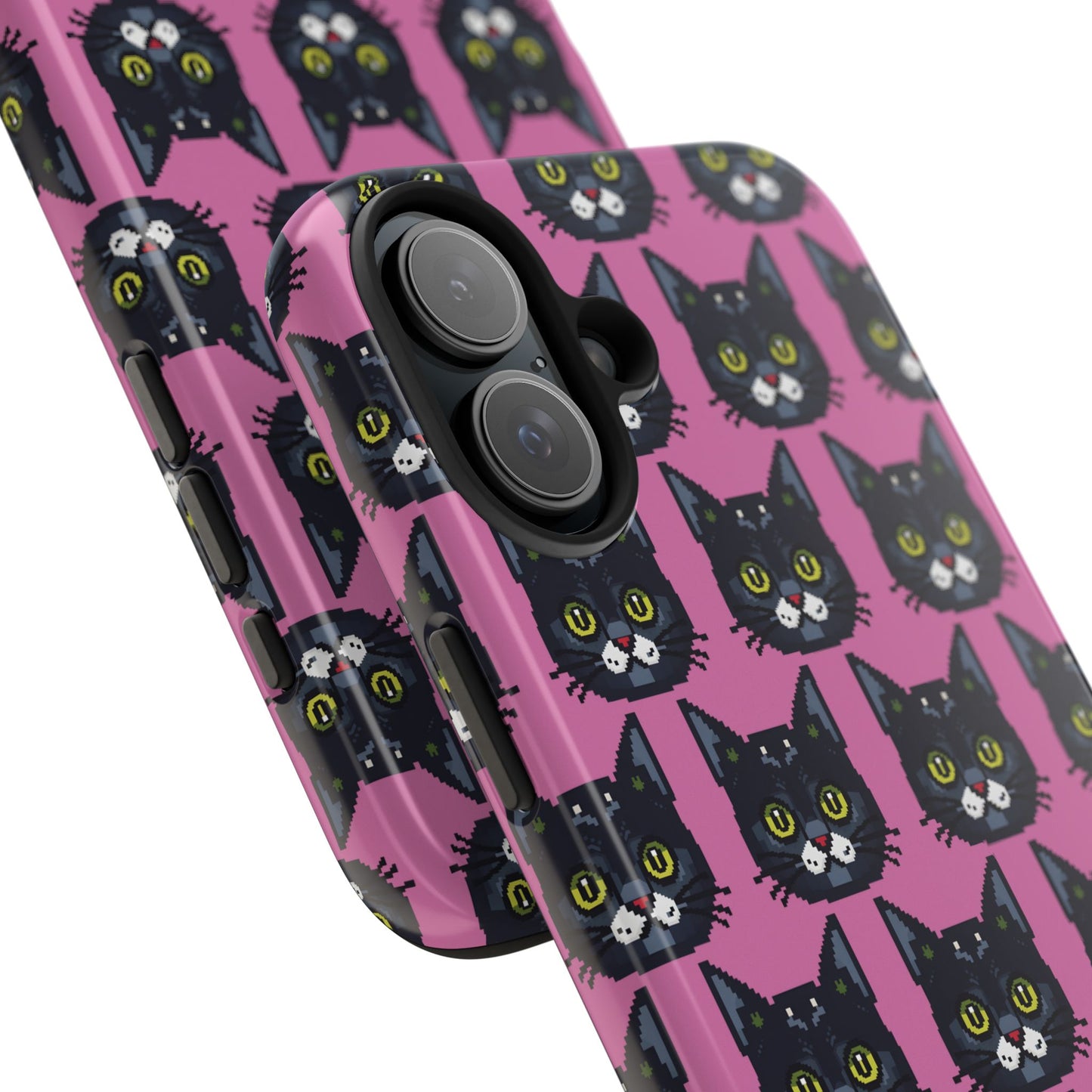Playful Black Cat on Pink - Tough Phone Case - Pixel Cat Pattern - for iPhone