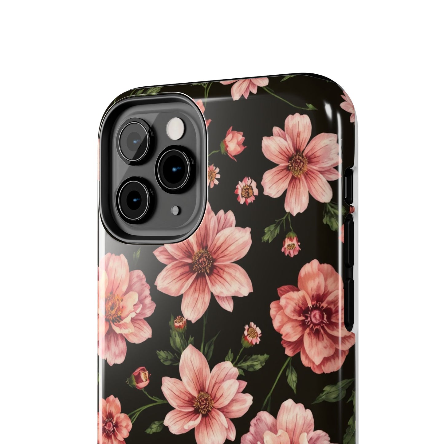Floral Tough Phone Case - Durable Protection with Elegant Pink Flowers on Black Design - for iPhone