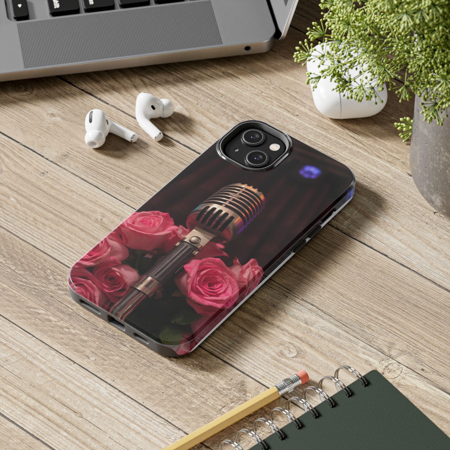 Stylish Tough Phone Case with Vintage Microphone and Roses