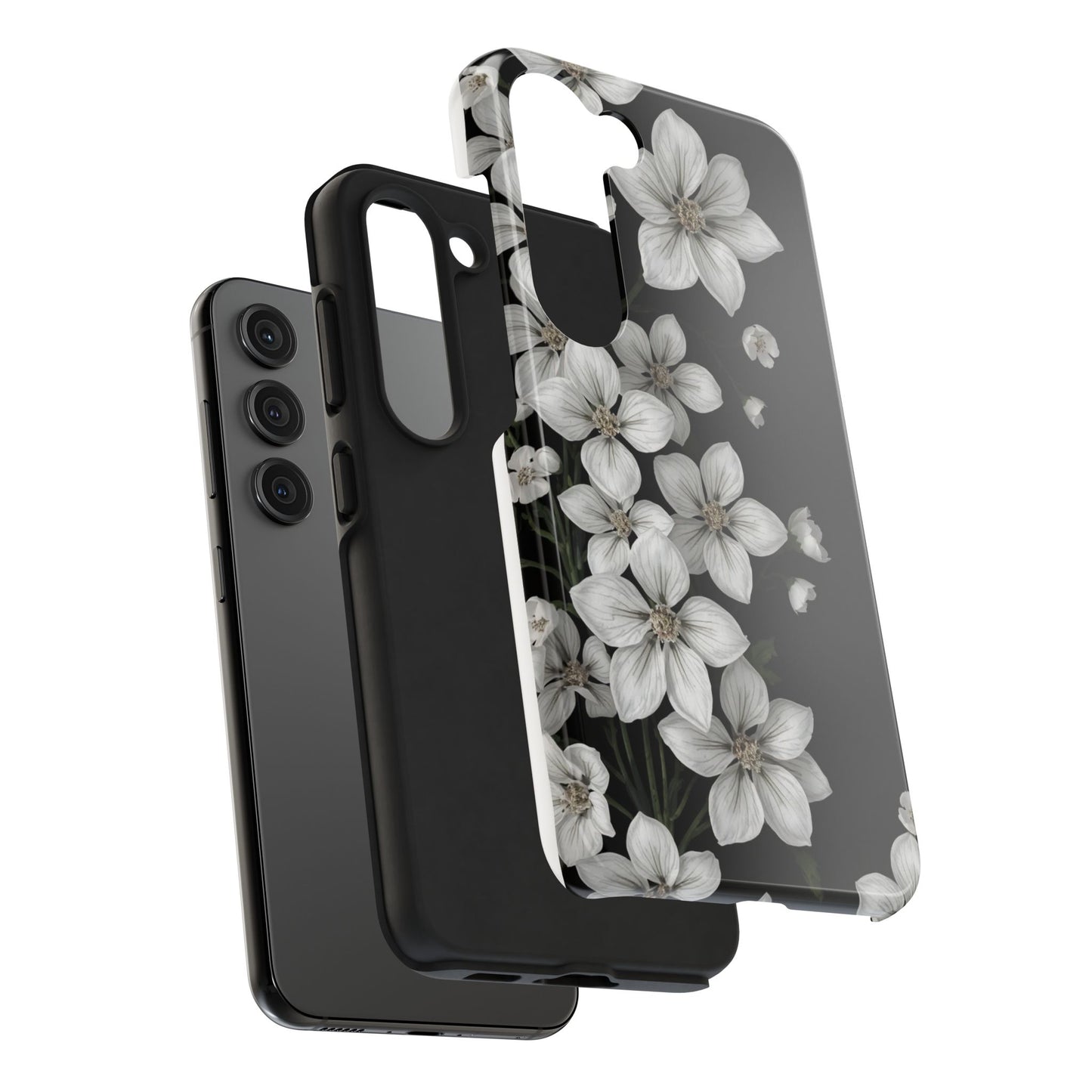 Floral Tough Phone Case - Pure Elegant White Petals on Black Background - for iPhone