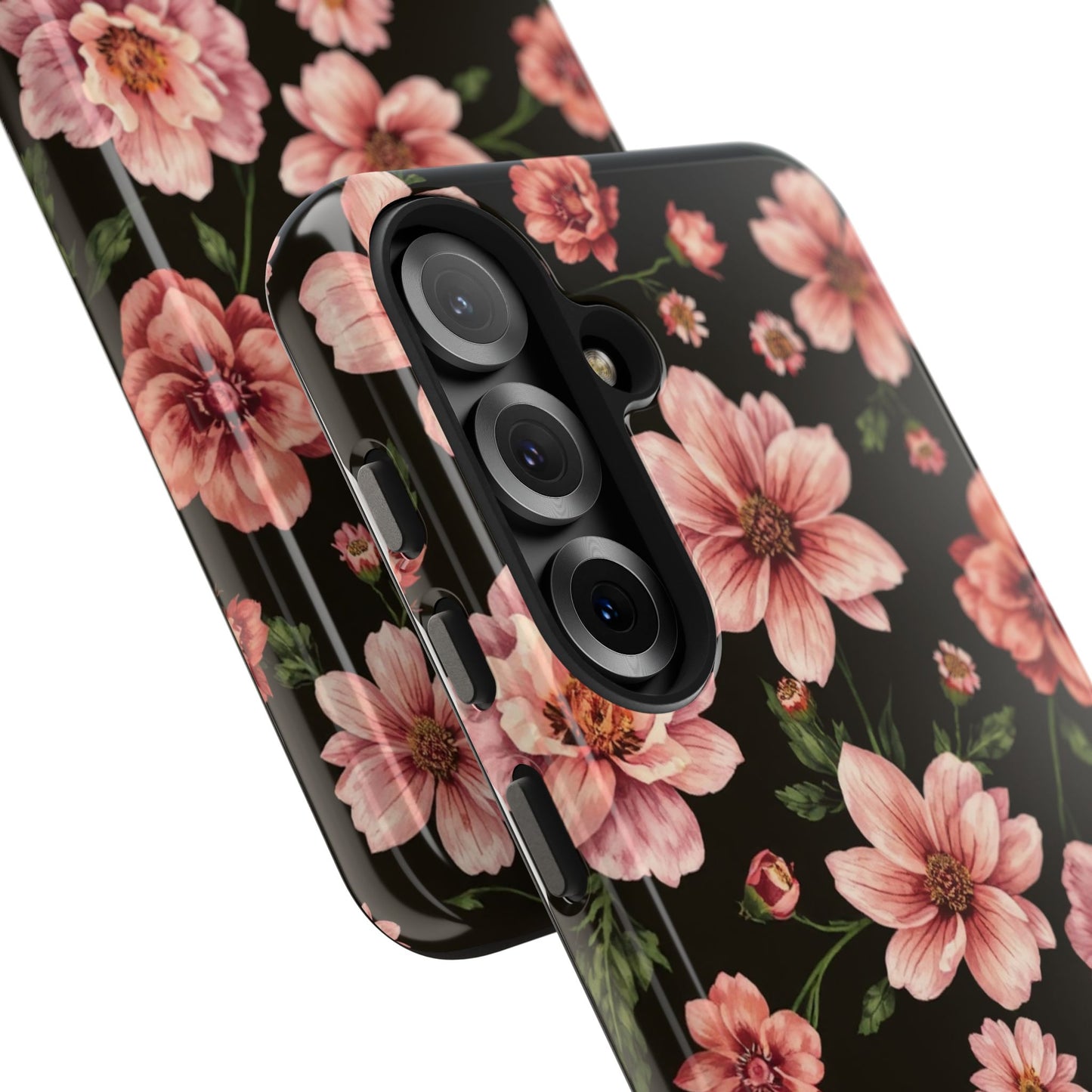 Floral Tough Phone Case - Durable Protection with Elegant Pink Flowers on Black Design - for iPhone
