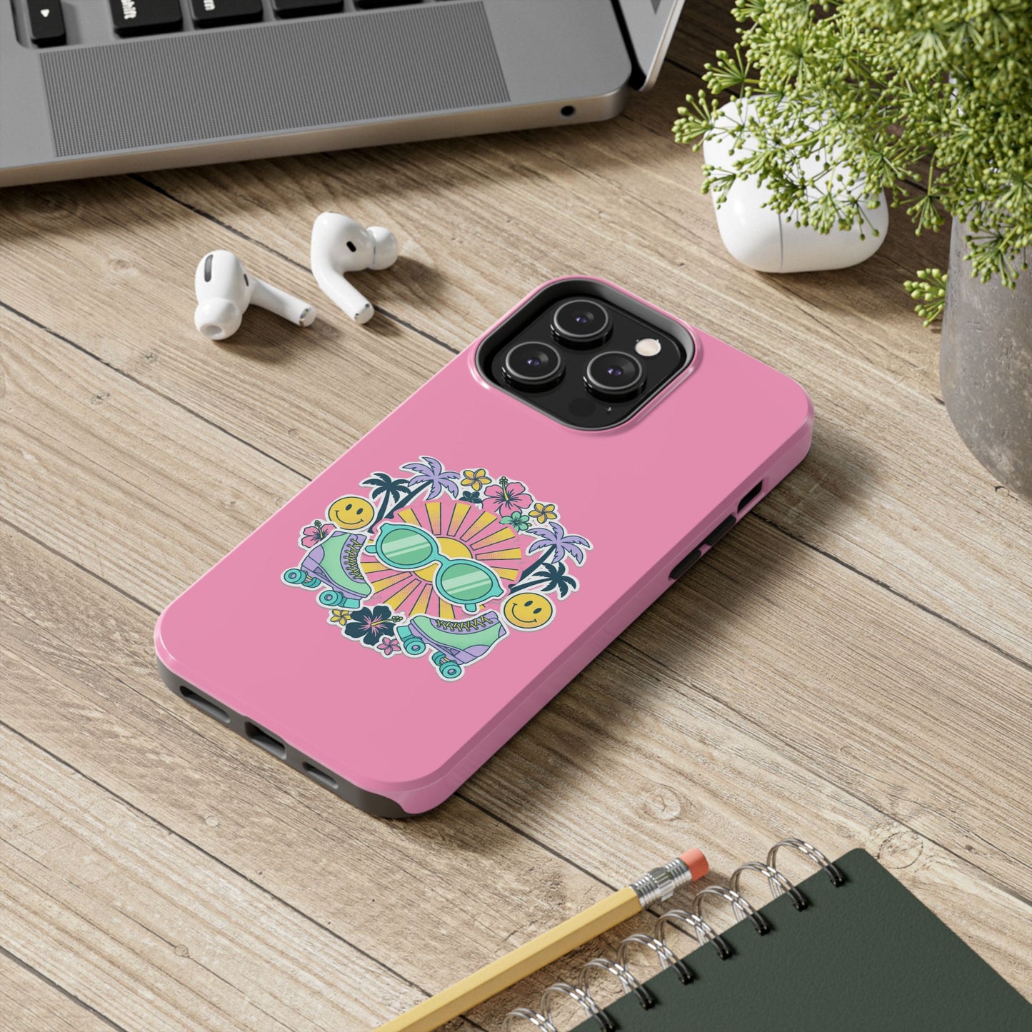 Retro Summer Phone Case — Y2K Palm Trees, Roller Skates & Smiley Collage