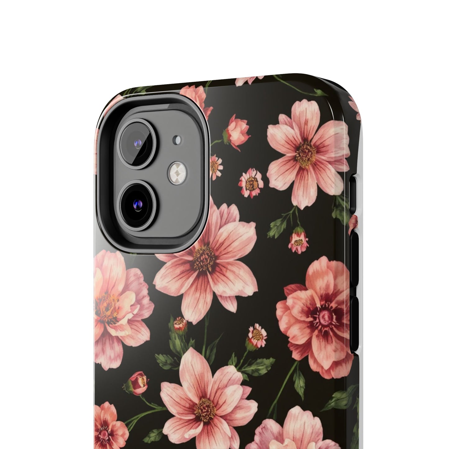 Floral Tough Phone Case - Durable Protection with Elegant Pink Flowers on Black Design - for iPhone