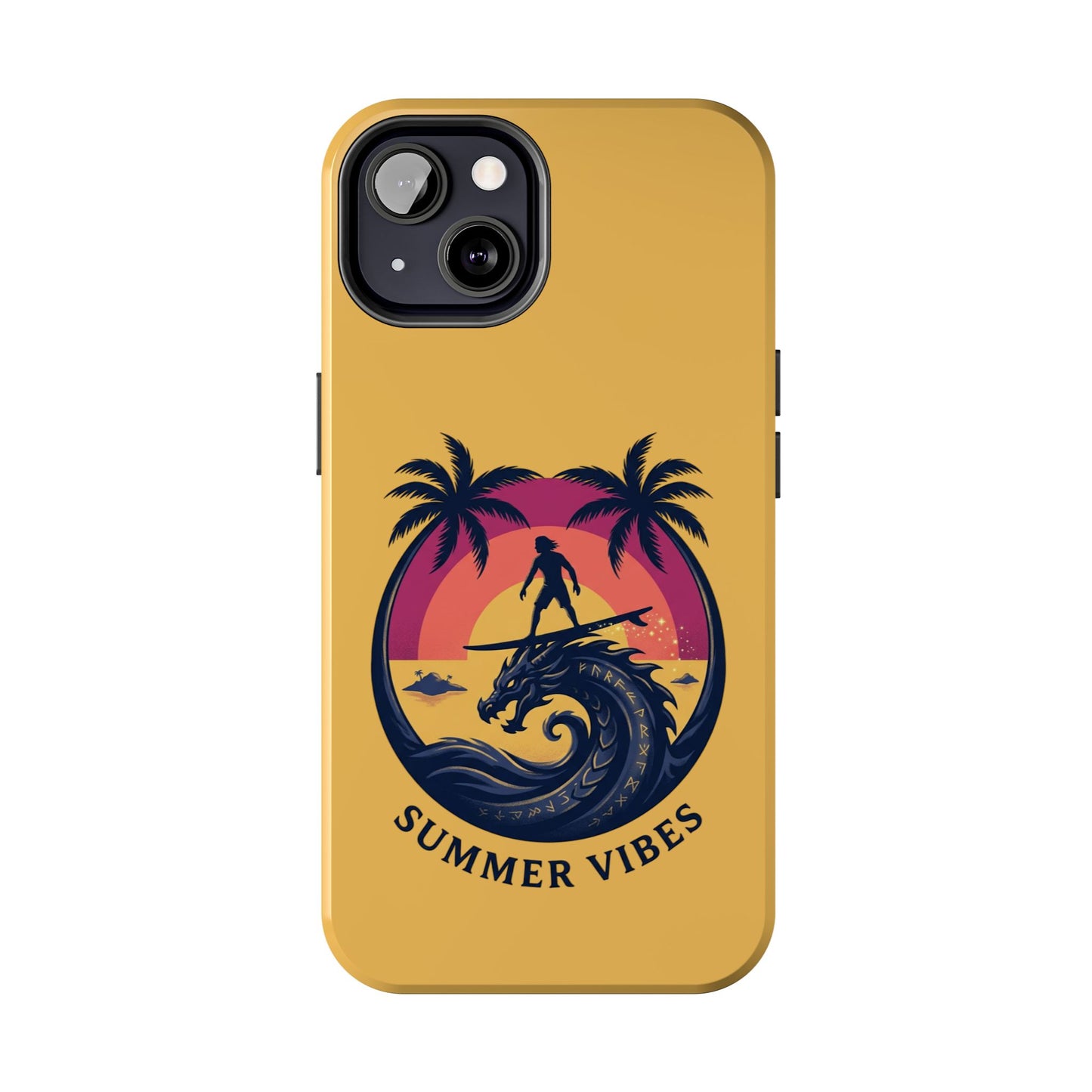Surfing Dragon Phone Case — Silhouette Surfer with Palms & “Summer Vibes”