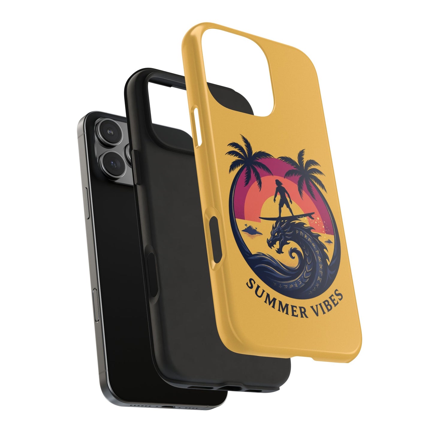 Surfing Dragon Phone Case — Silhouette Surfer with Palms & “Summer Vibes”