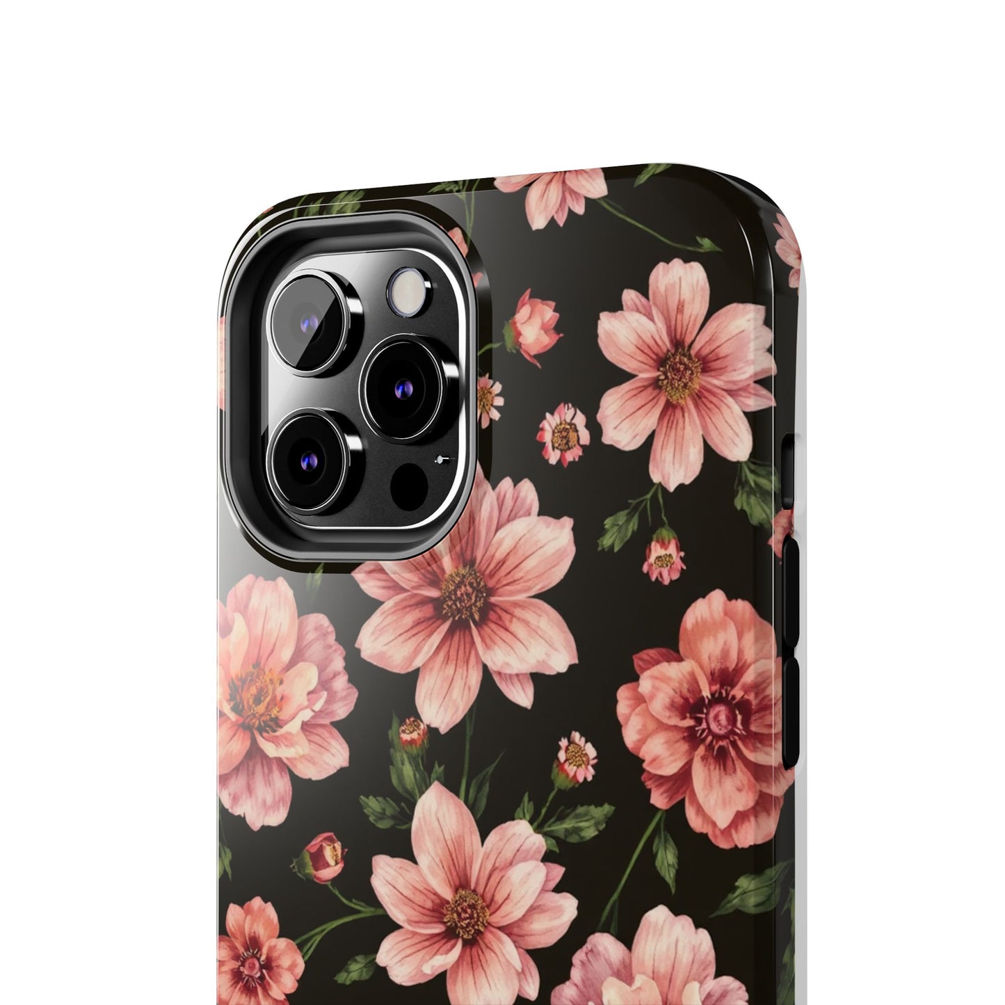 Floral Tough Phone Case - Durable Protection with Elegant Pink Flowers on Black Design - for iPhone