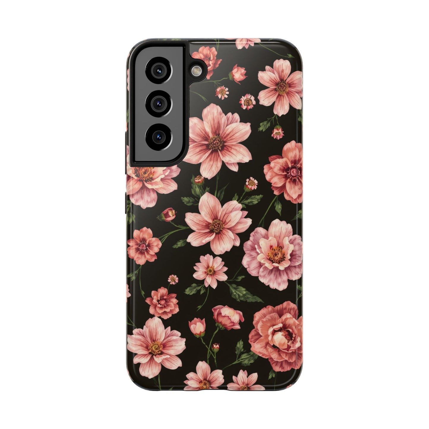 Floral Tough Phone Case - Durable Protection with Elegant Pink Flowers on Black Design - for iPhone