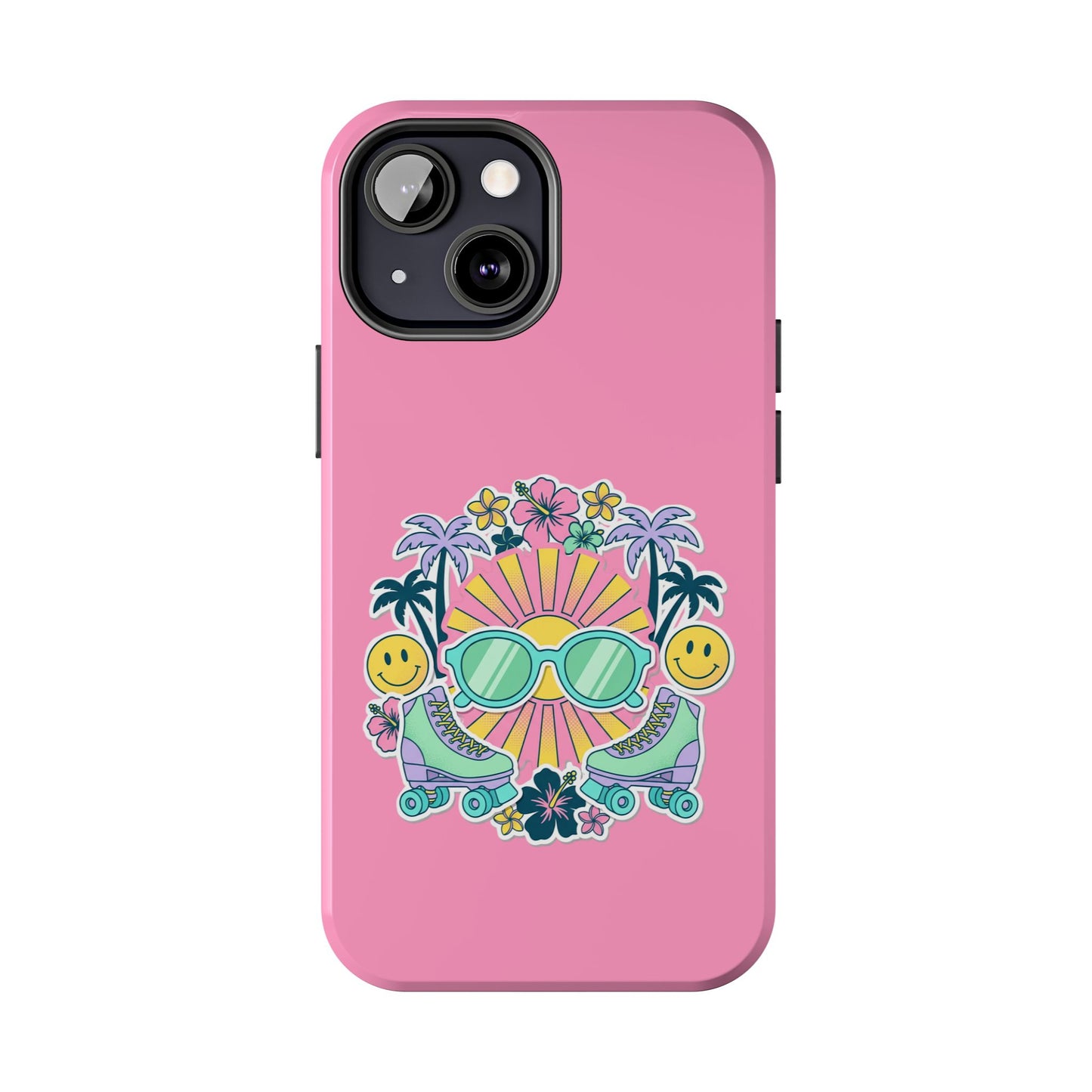 Retro Summer Phone Case — Y2K Palm Trees, Roller Skates & Smiley Collage