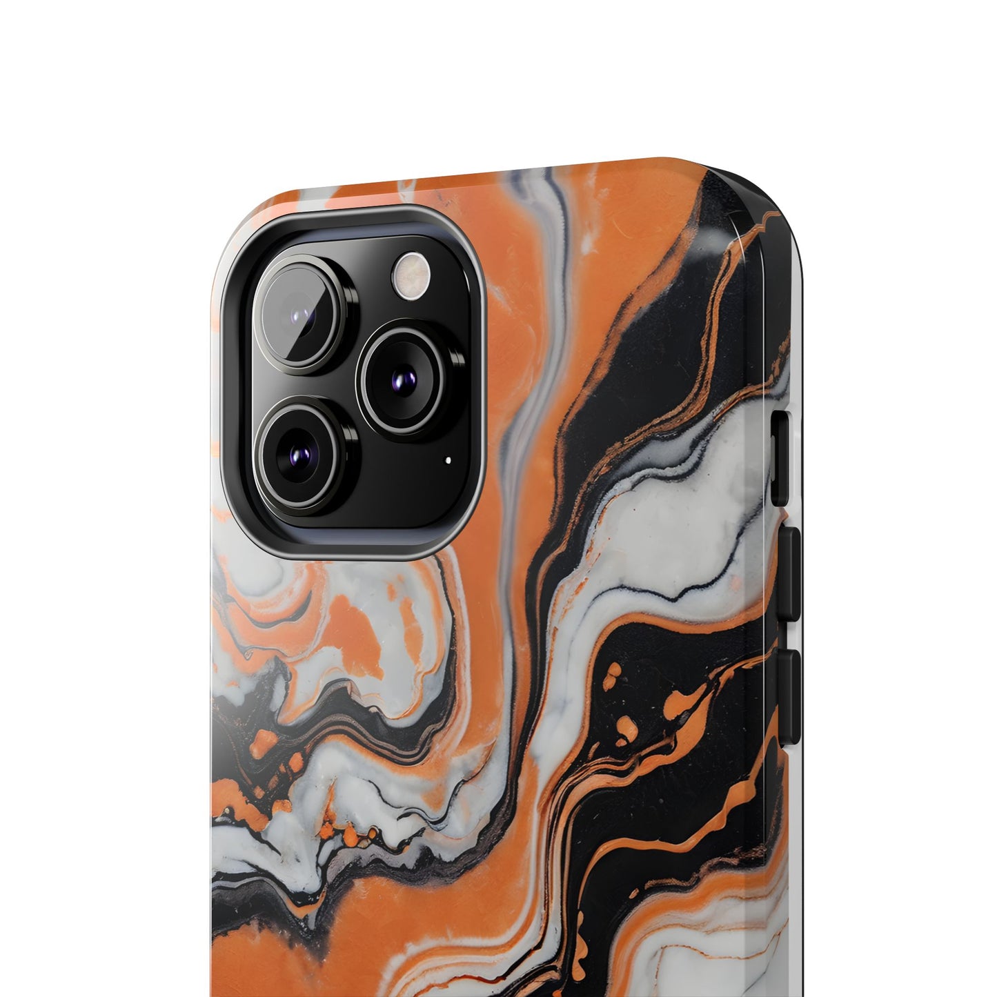 Stylish Tough Phone Case - Elegant Black, White & Orange Marble Design - for iPhone