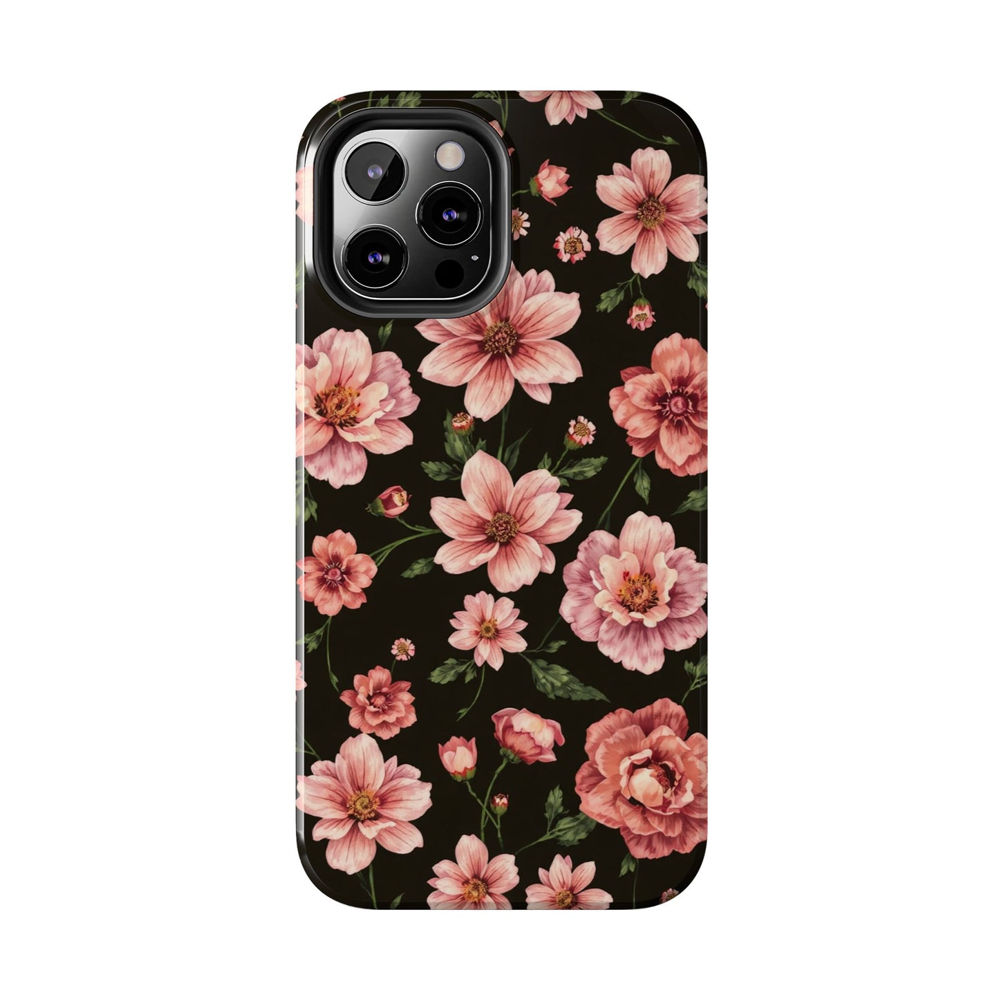 Floral Tough Phone Case - Durable Protection with Elegant Pink Flowers on Black Design - for iPhone