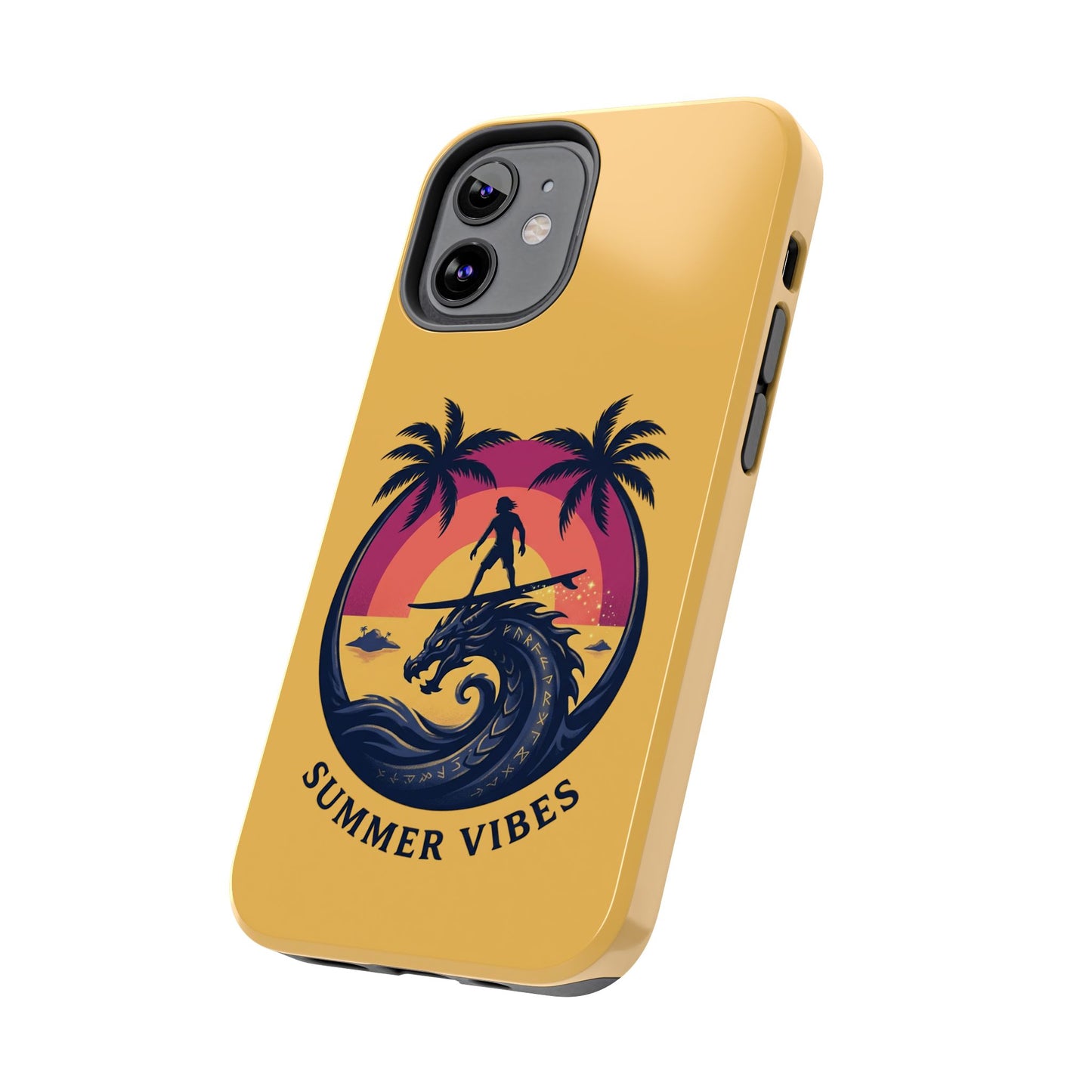 Surfing Dragon Phone Case — Silhouette Surfer with Palms & “Summer Vibes”