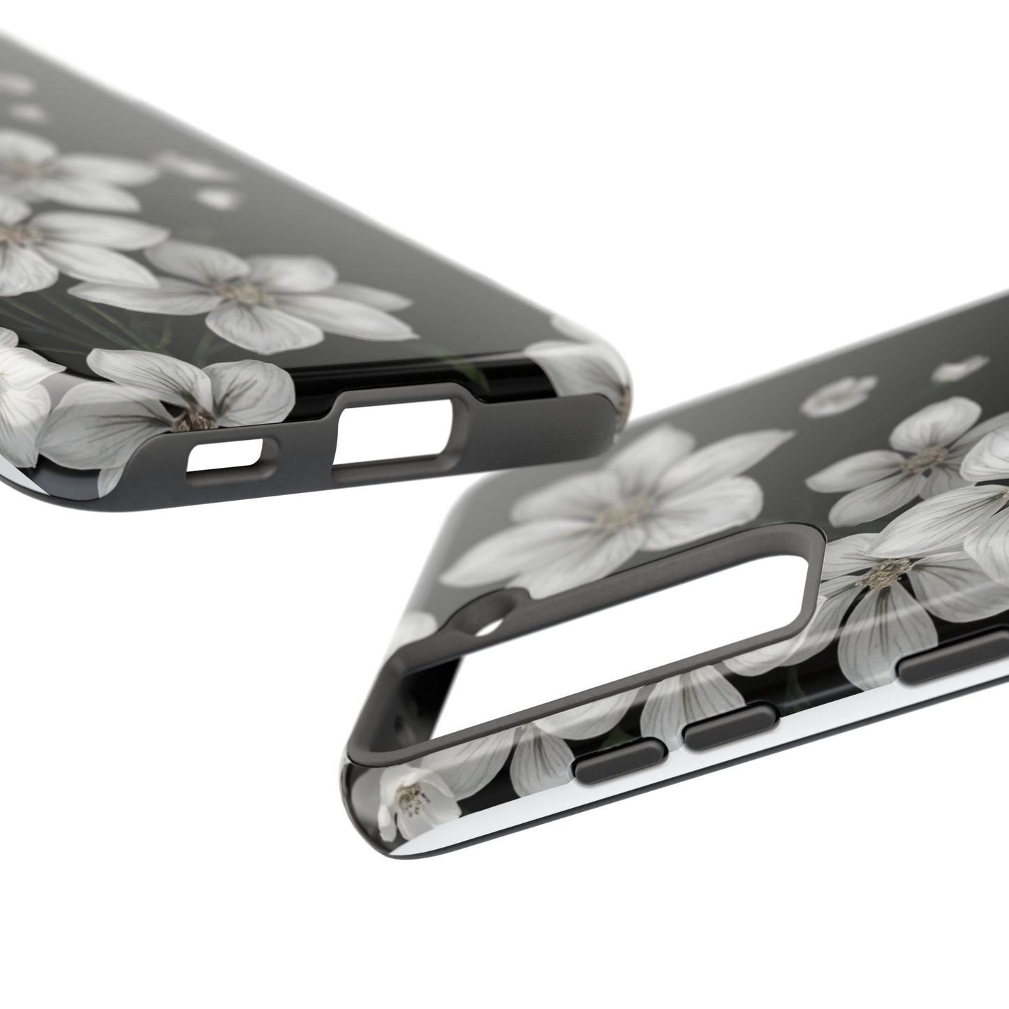 Floral Tough Phone Case - Pure Elegant White Petals on Black Background - for iPhone
