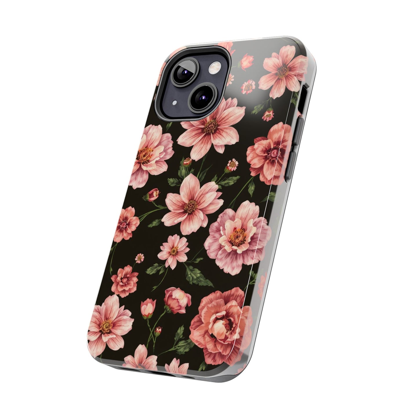 Floral Tough Phone Case - Durable Protection with Elegant Pink Flowers on Black Design - for iPhone