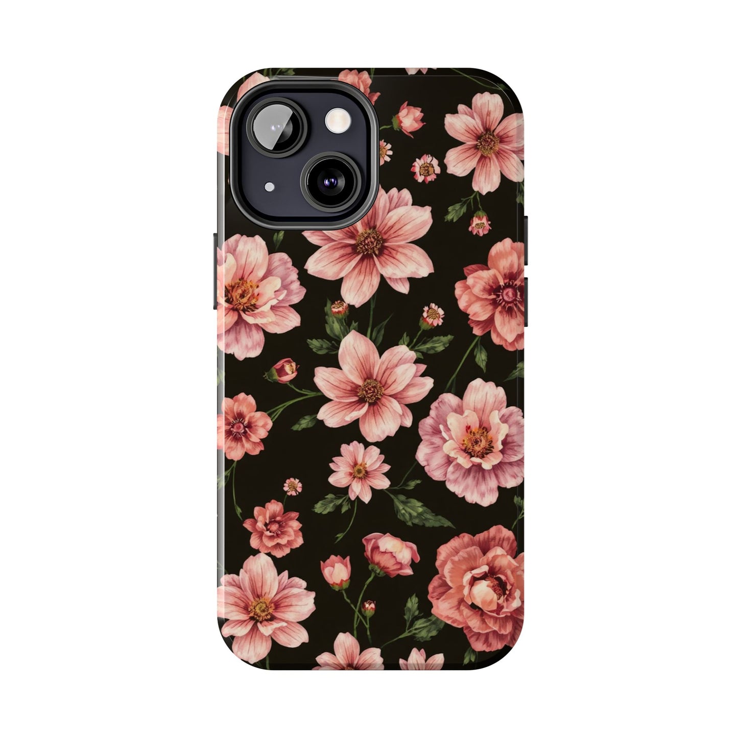Floral Tough Phone Case - Durable Protection with Elegant Pink Flowers on Black Design - for iPhone