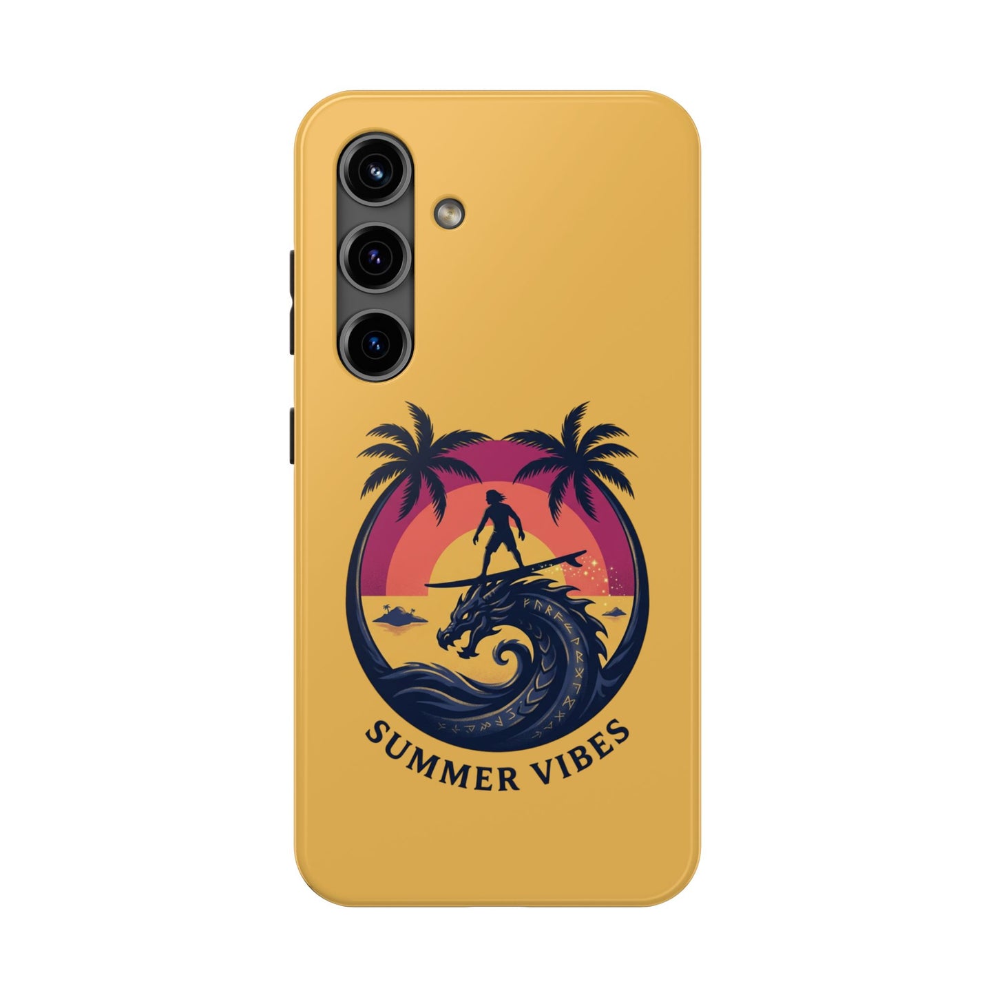 Surfing Dragon Phone Case — Silhouette Surfer with Palms & “Summer Vibes”
