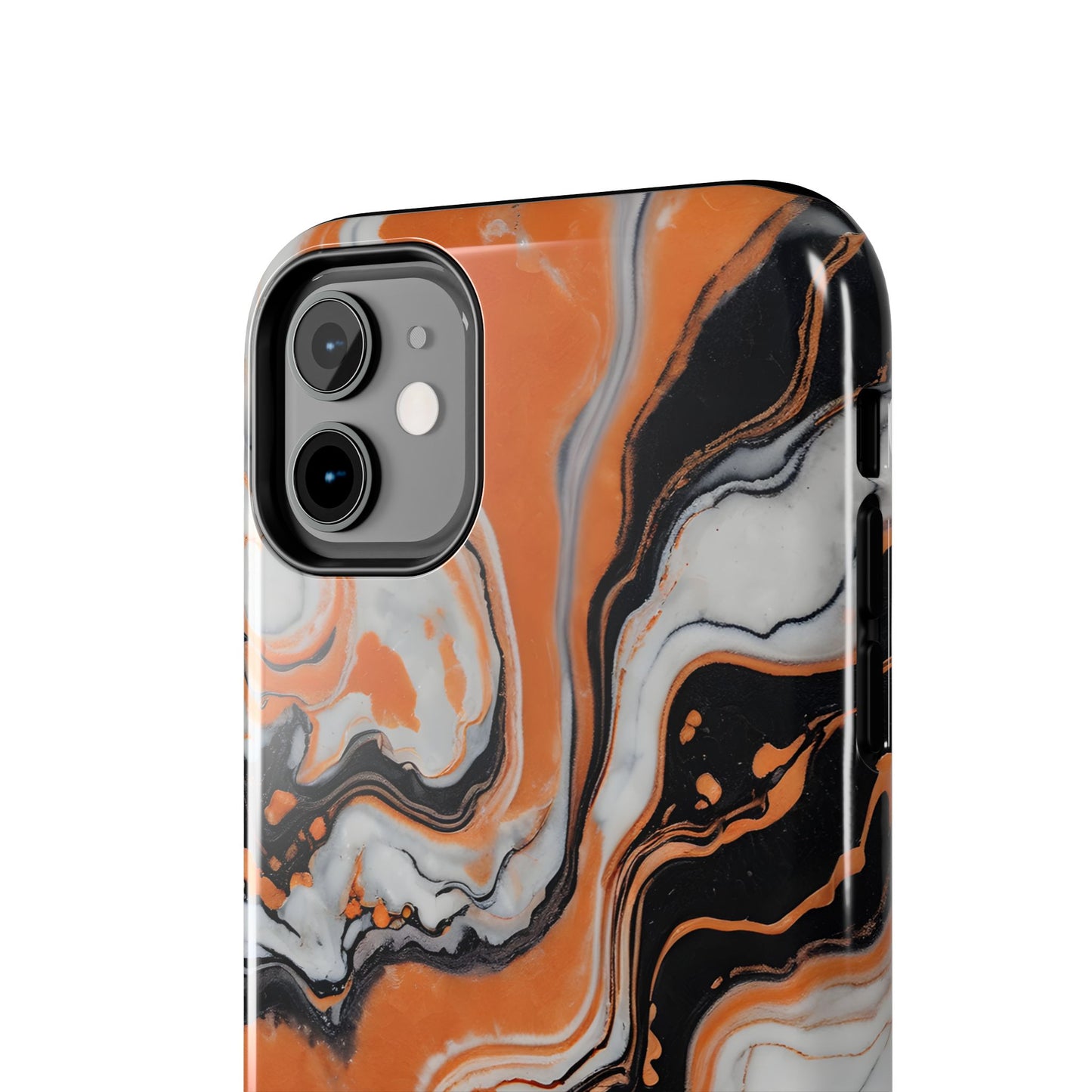 Stylish Tough Phone Case - Elegant Black, White & Orange Marble Design - for iPhone