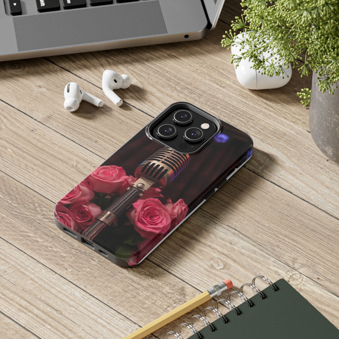 Stylish Tough Phone Case with Vintage Microphone and Roses