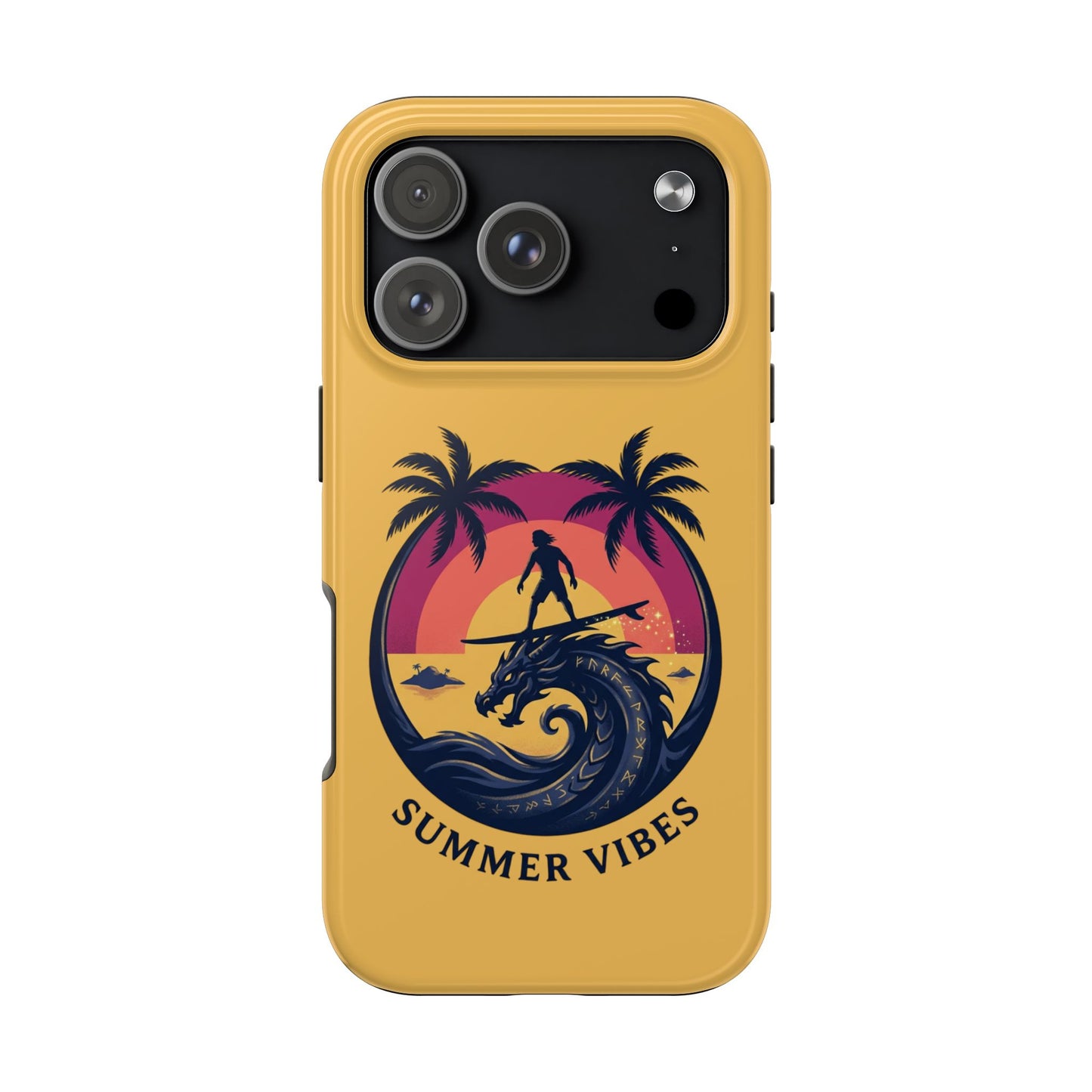 Surfing Dragon Phone Case — Silhouette Surfer with Palms & “Summer Vibes”