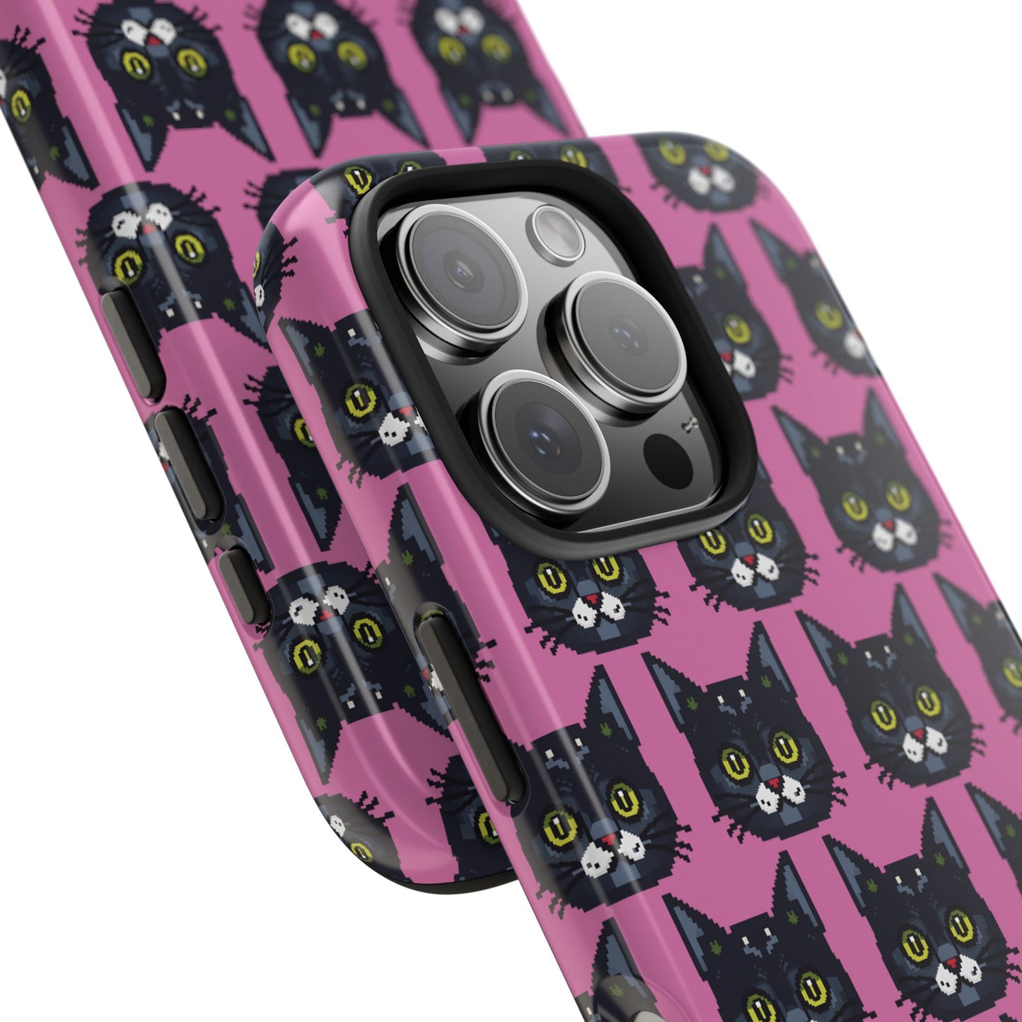 Playful Black Cat on Pink - Tough Phone Case - Pixel Cat Pattern - for iPhone