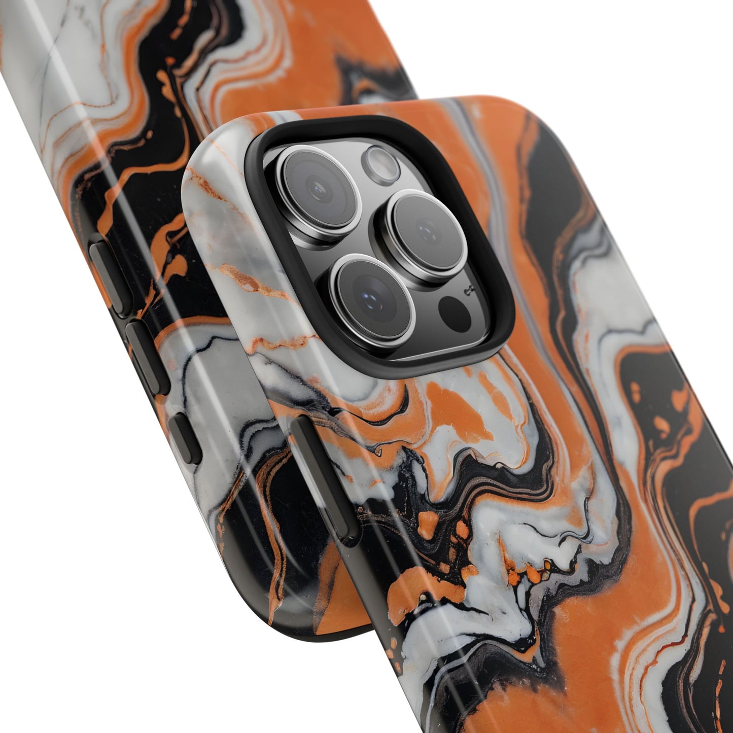 Stylish Tough Phone Case - Elegant Black, White & Orange Marble Design - for iPhone