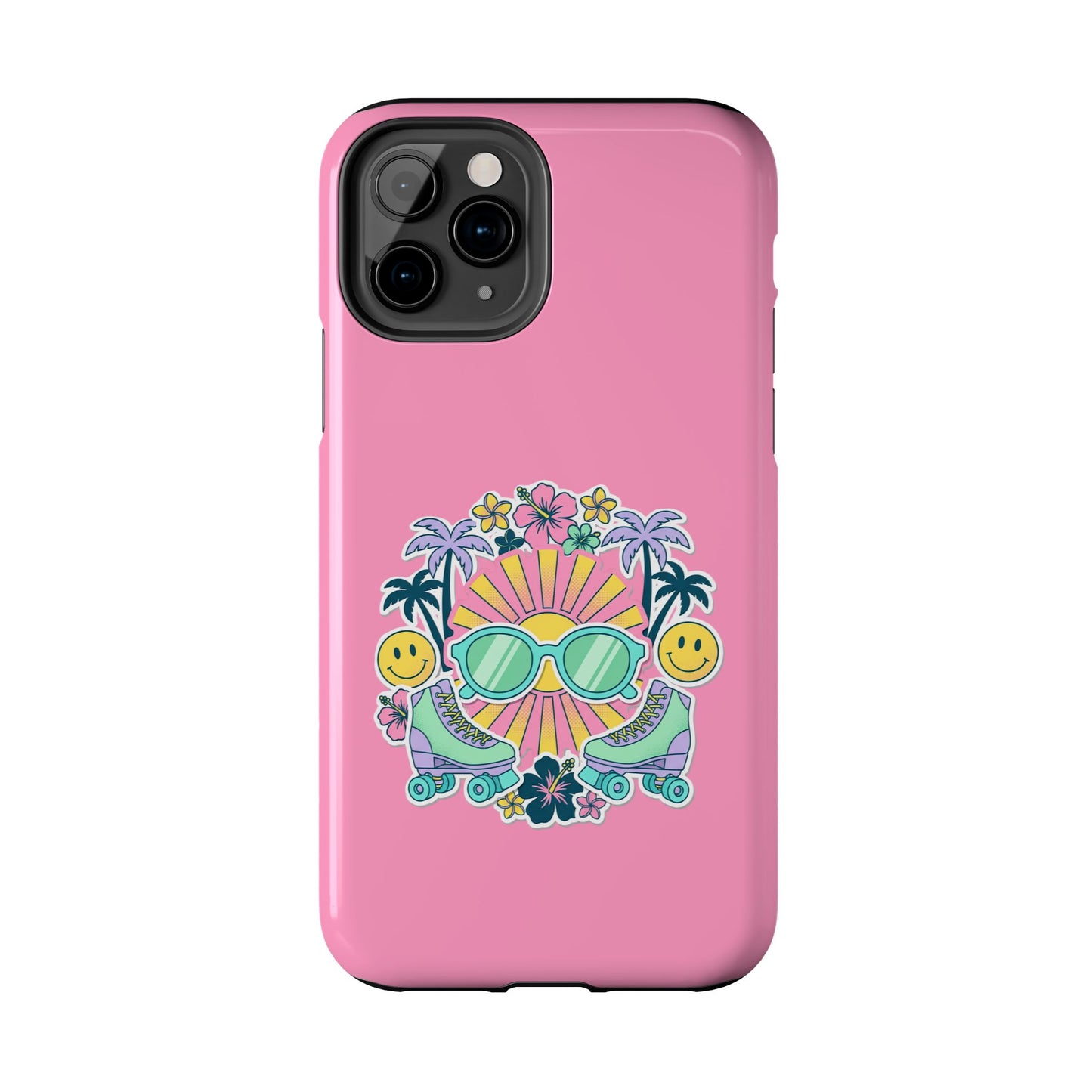Retro Summer Phone Case — Y2K Palm Trees, Roller Skates & Smiley Collage