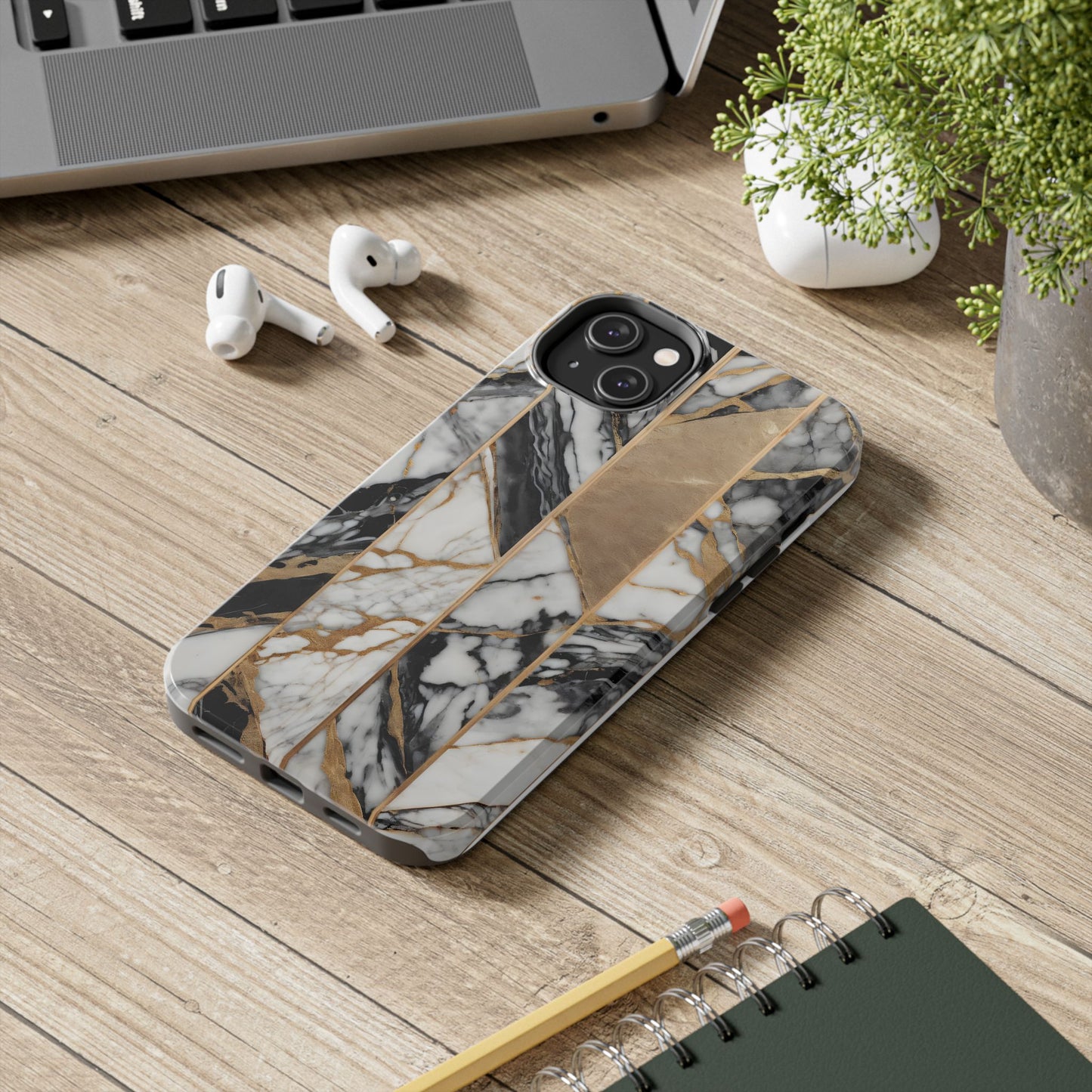 Marble Lines Tough Phone Case with Gold Accents - for iPhone